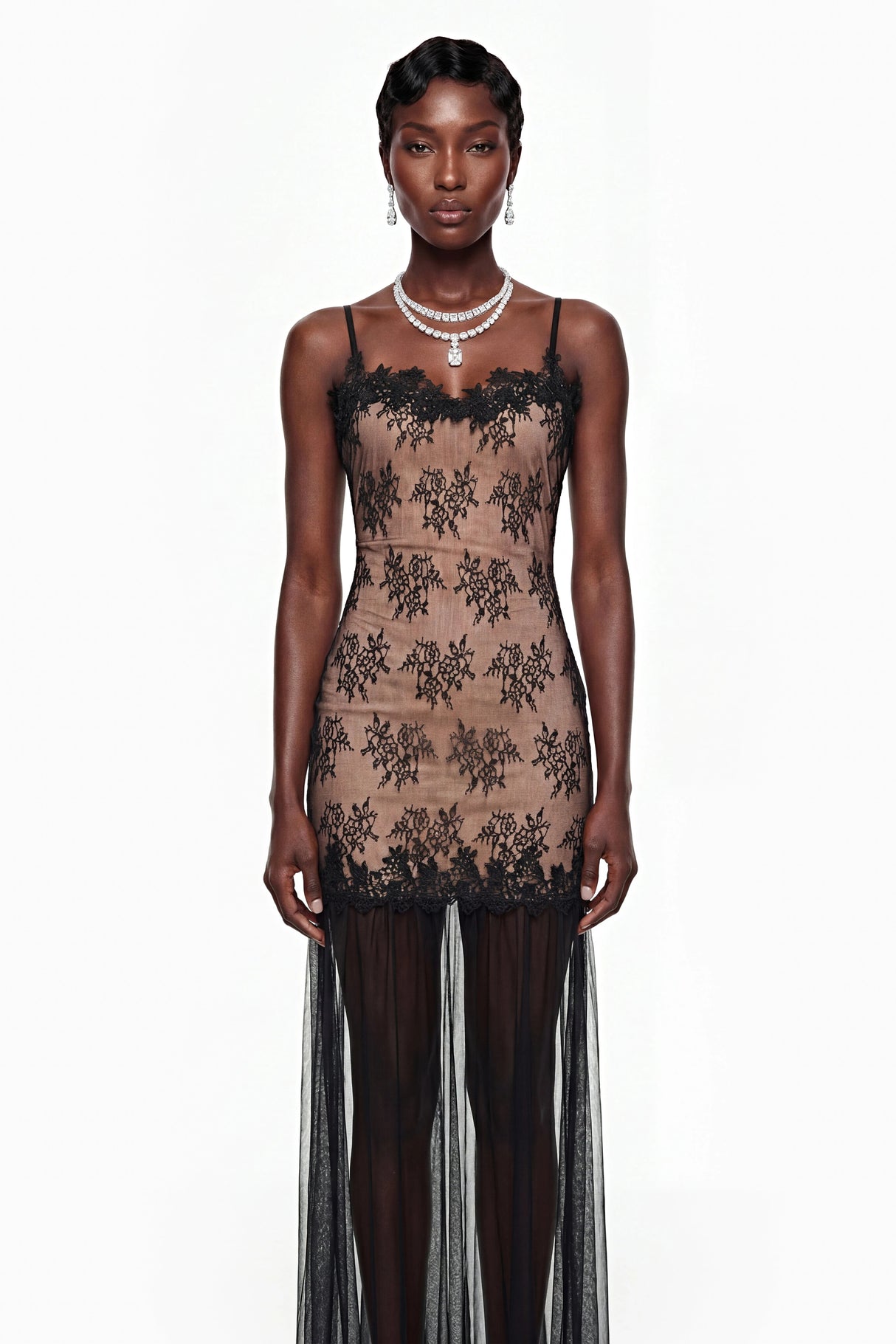 Sisanda Black Tulle Maxi Dress with Lace Panels