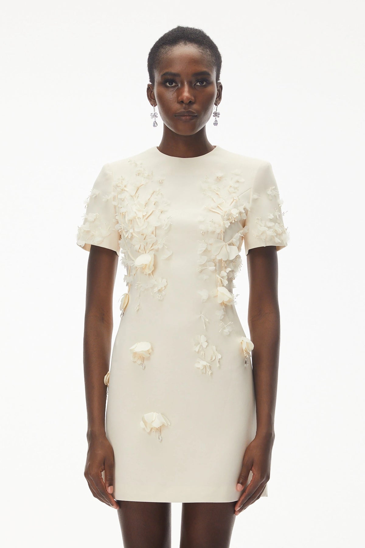 Skye Ivory Round Neck Mini Dress with Floral Applique