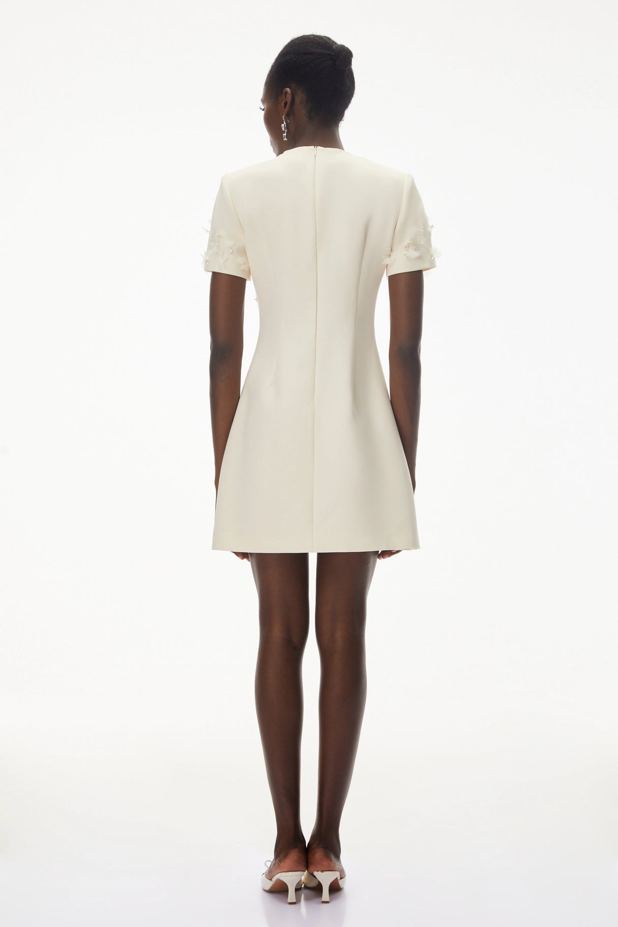 Skye Ivory Round Neck Mini Dress with Floral Applique
