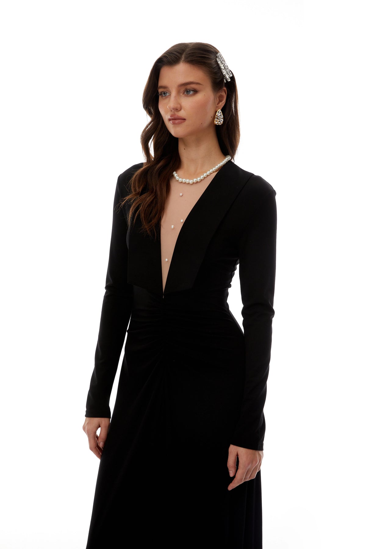 Sofia Black Cinched Waist Ruched Maxi Dress