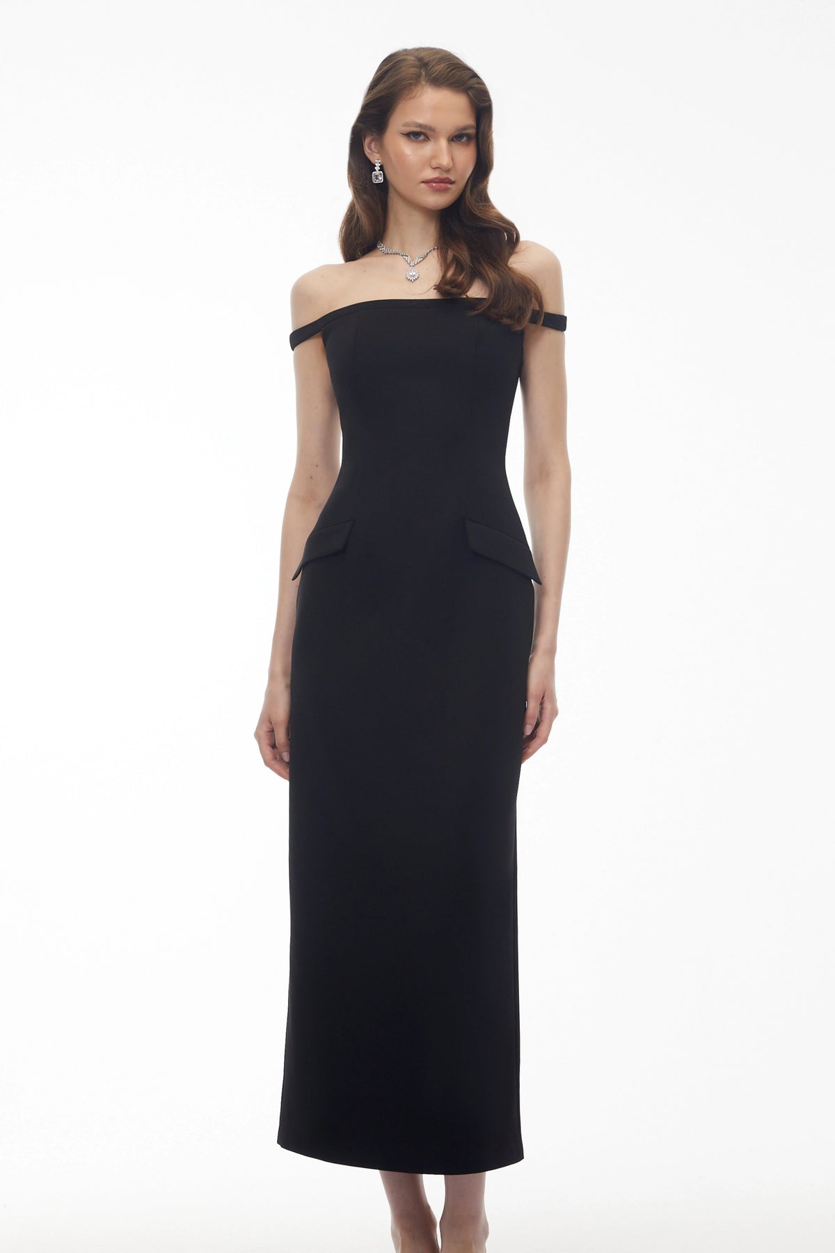 Sofia Black Off Shoulder Backless Maxi Dress with Pearl Chain