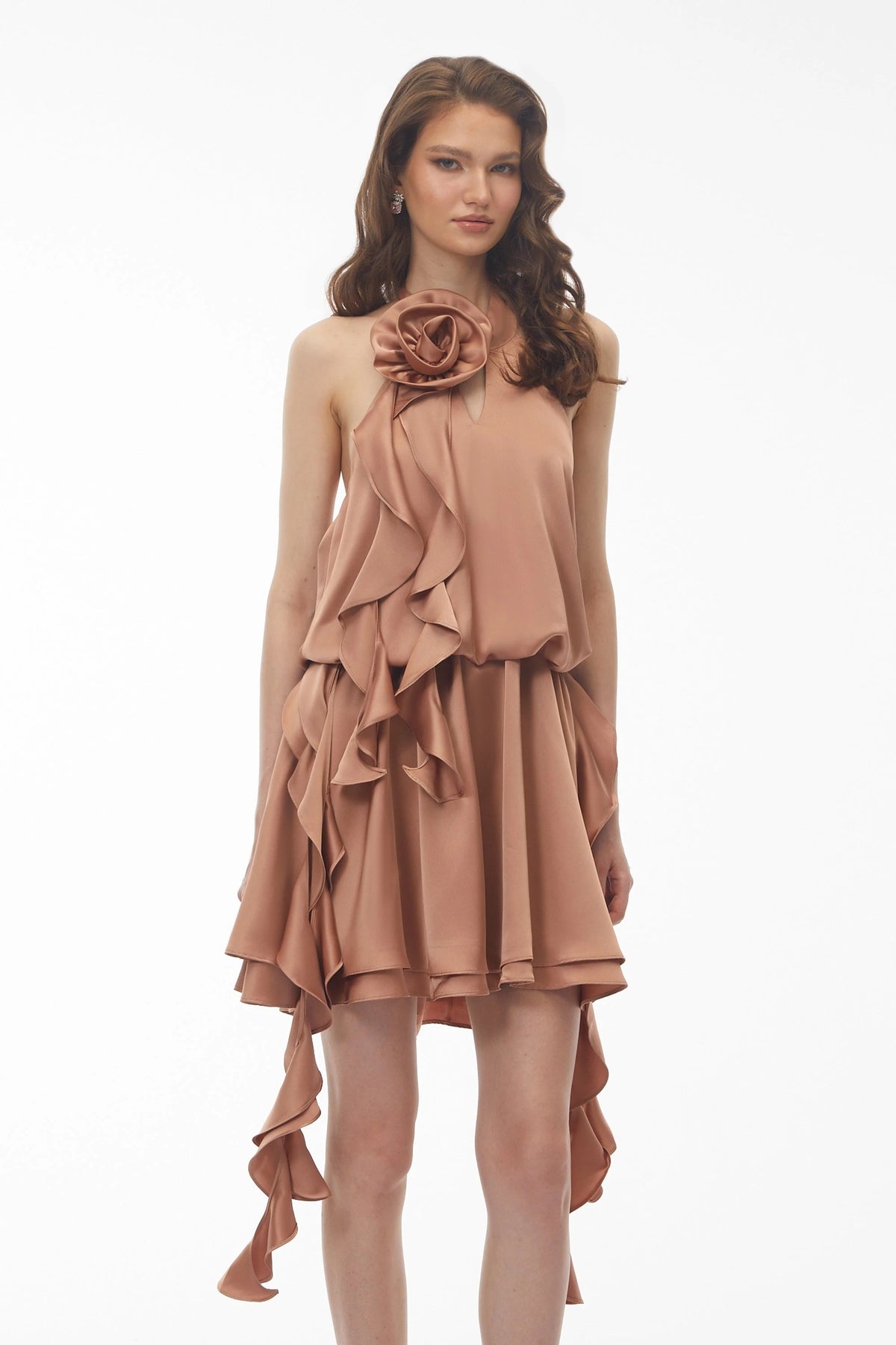 Solange Camel Halterneck Ruched Mini Dress with 3D Florals