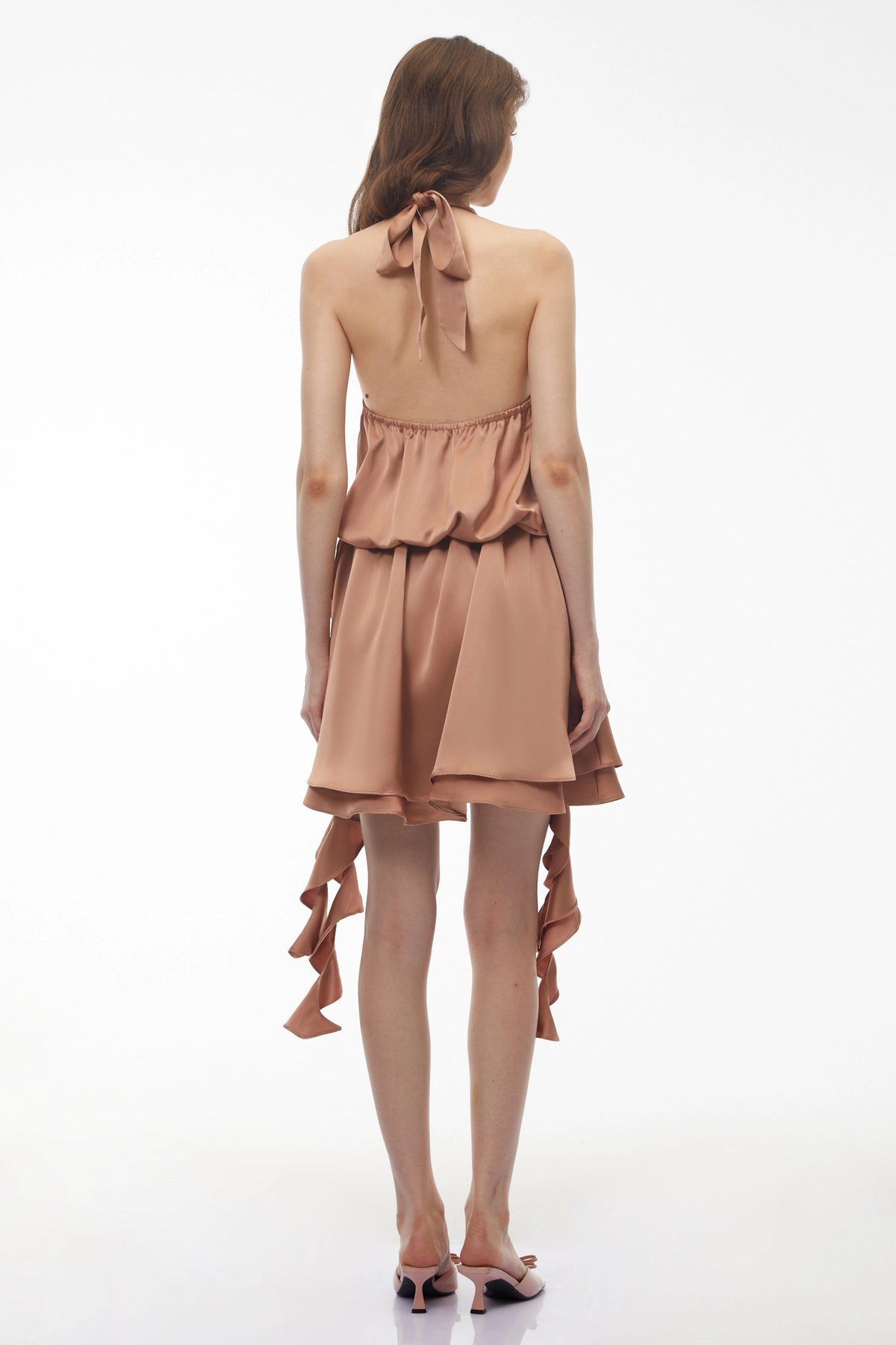 Solange Camel Halterneck Ruched Mini Dress with 3D Florals