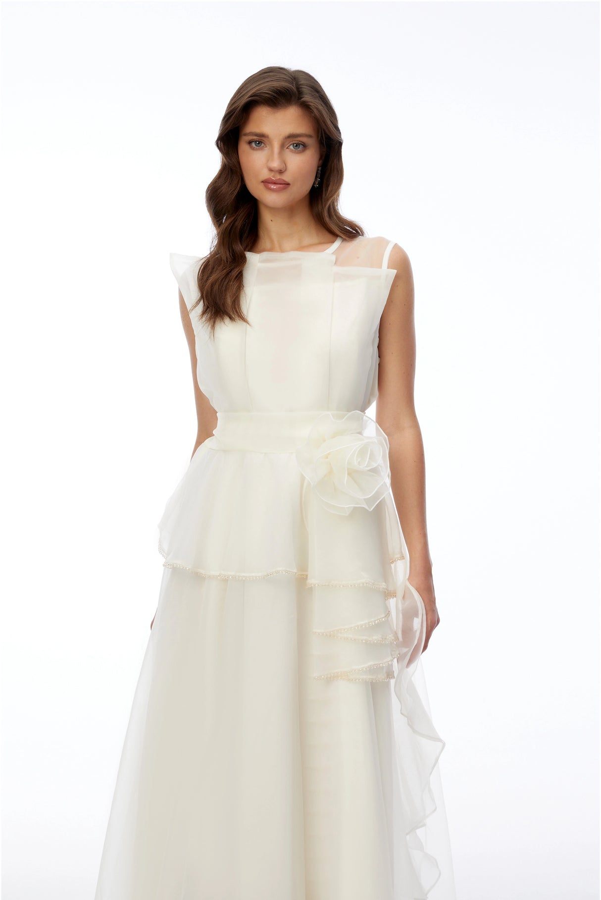 Solange Ivory Sleeveless Chiffon Maxi Dress with 3D Florals