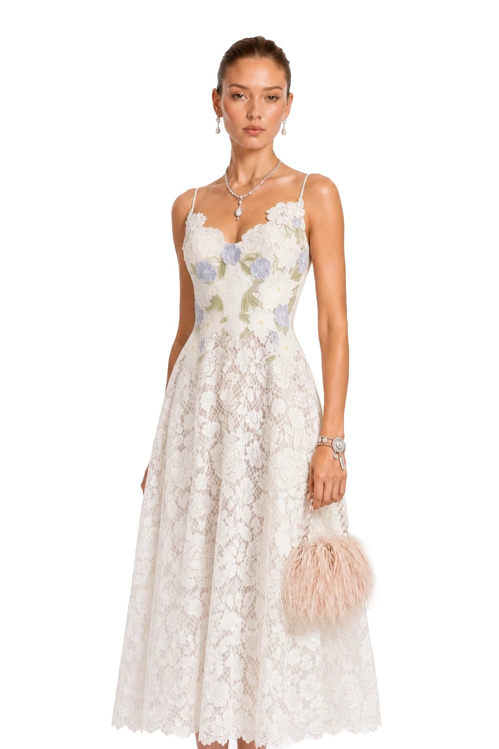 Solea White Floral Embroidered Lace Midi Dress