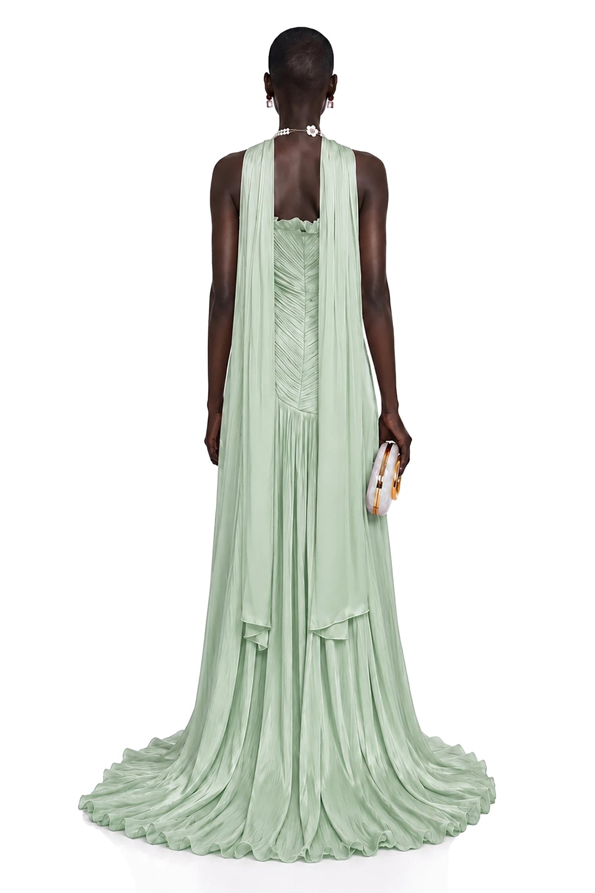 Solveig Green Off Shoulder Pleated Maxi Dress with Hign Slit