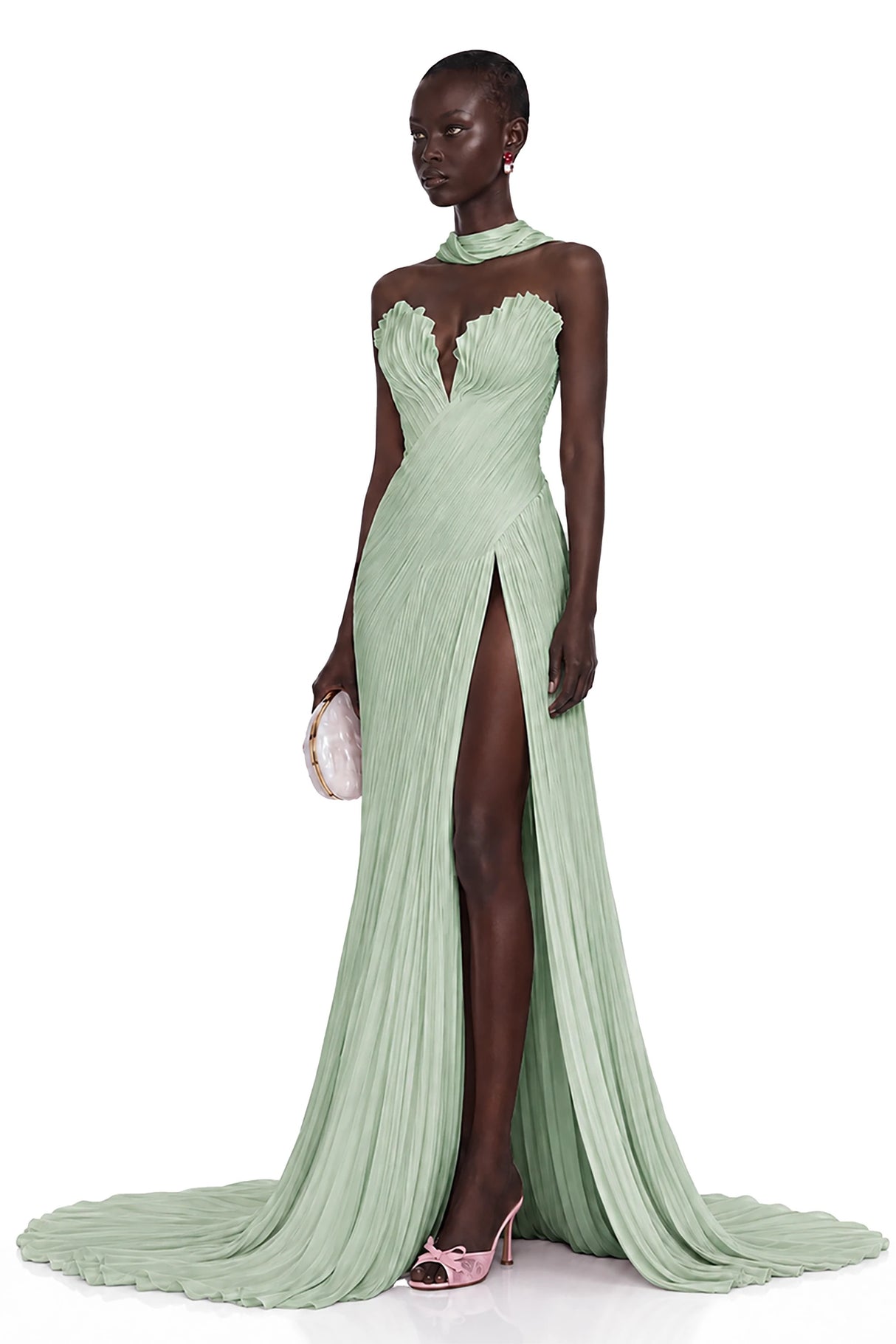 Solveig Green Off Shoulder Pleated Maxi Dress with Hign Slit