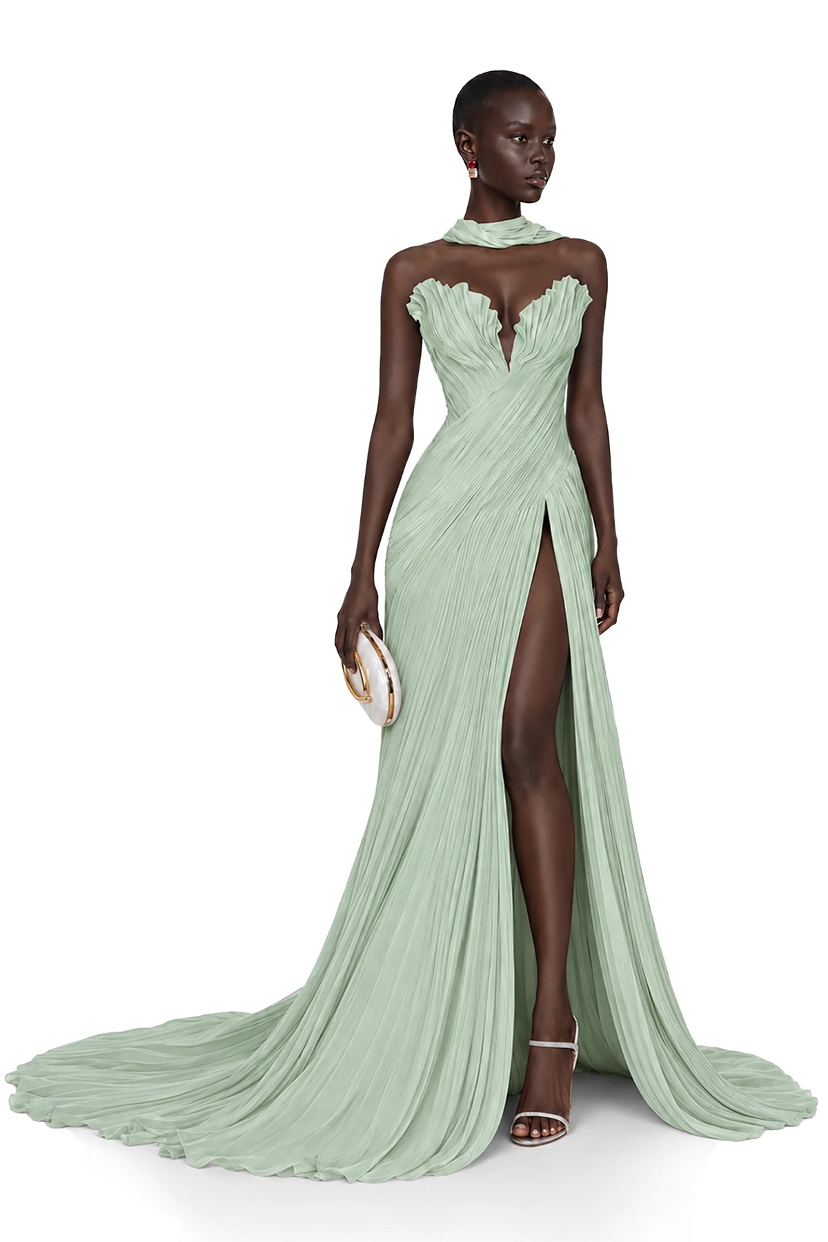 Solveig Green Off Shoulder Pleated Maxi Dress with Hign Slit