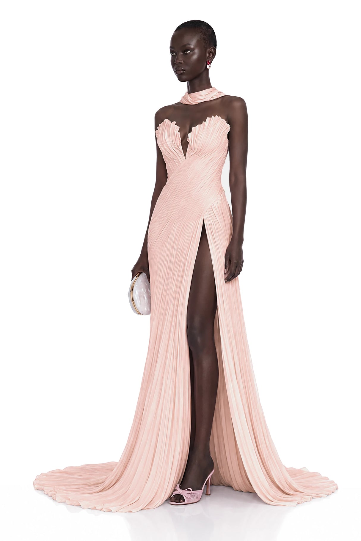 Solveig Pink Off Shoulder Pleated Maxi Dress with Hign Slit