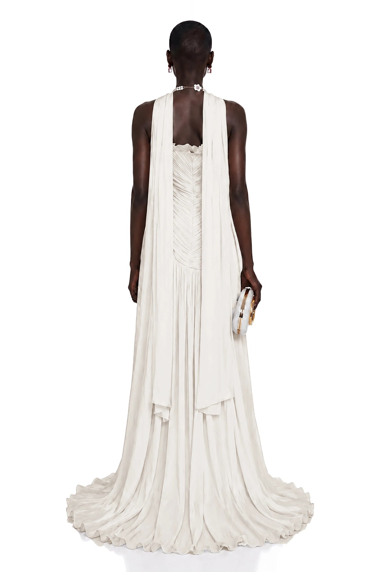Solveig White Off Shoulder Pleated Maxi Dress with Hign Slit