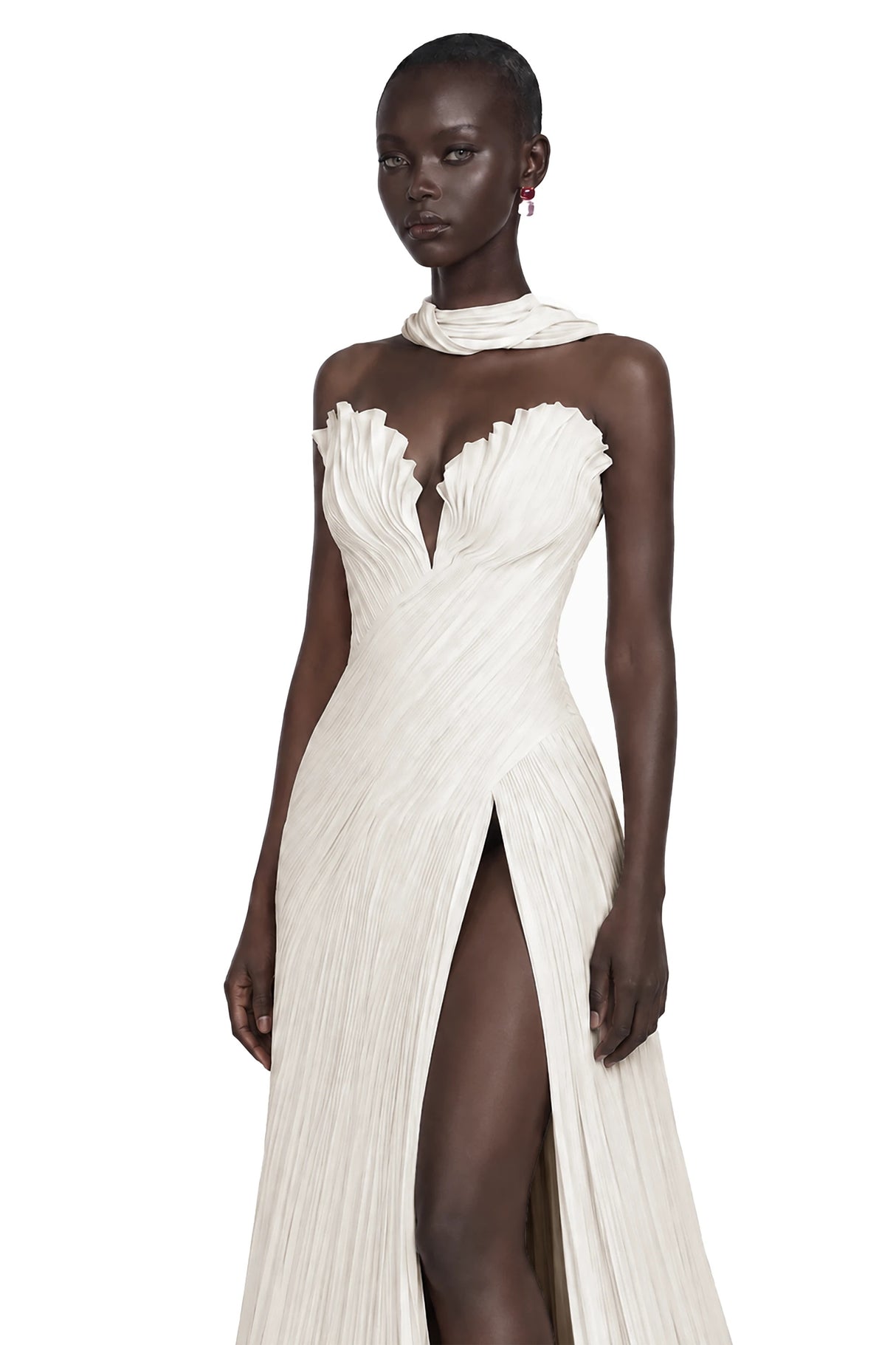 Solveig White Off Shoulder Pleated Maxi Dress with Hign Slit
