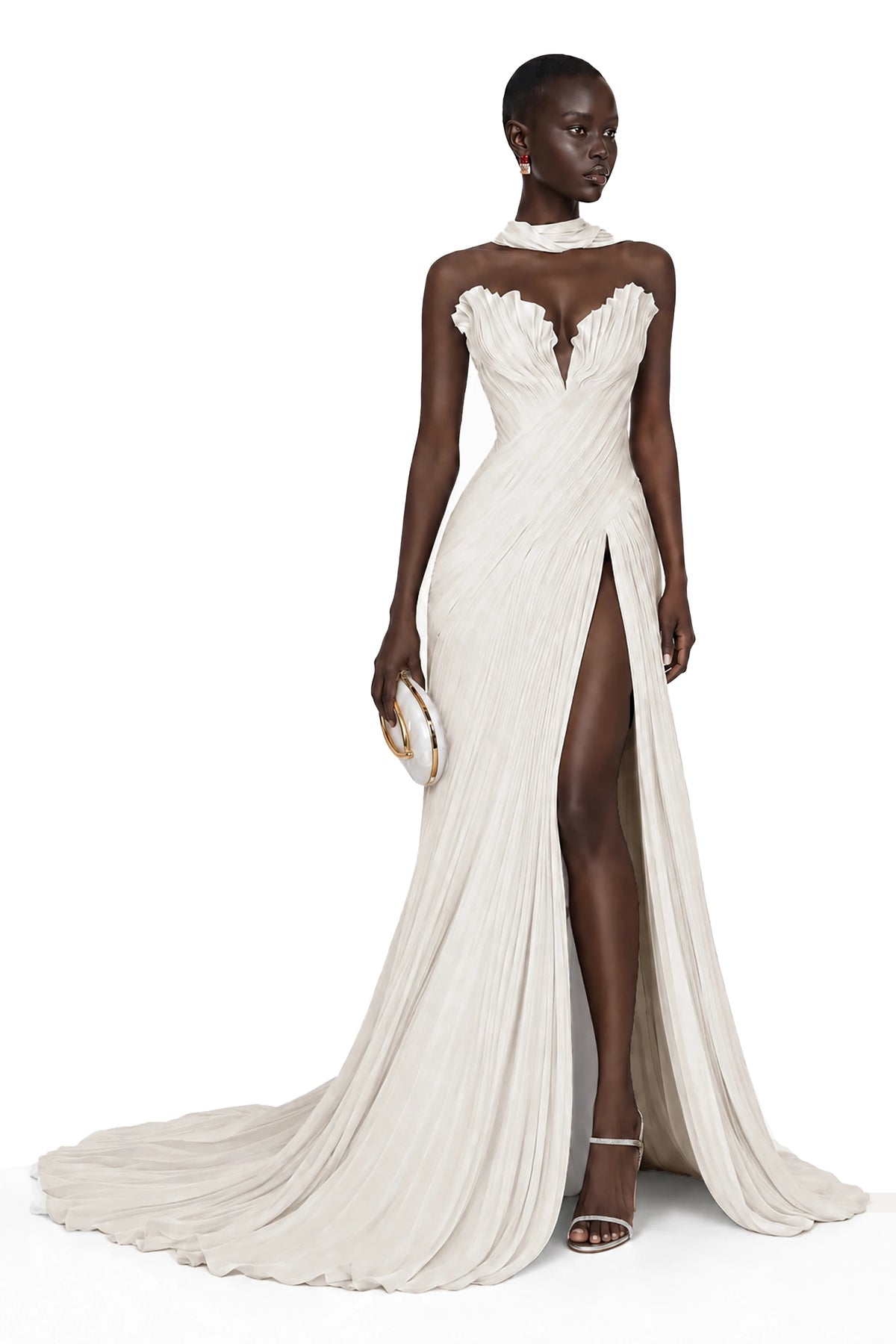 Solveig White Off Shoulder Pleated Maxi Dress with Hign Slit