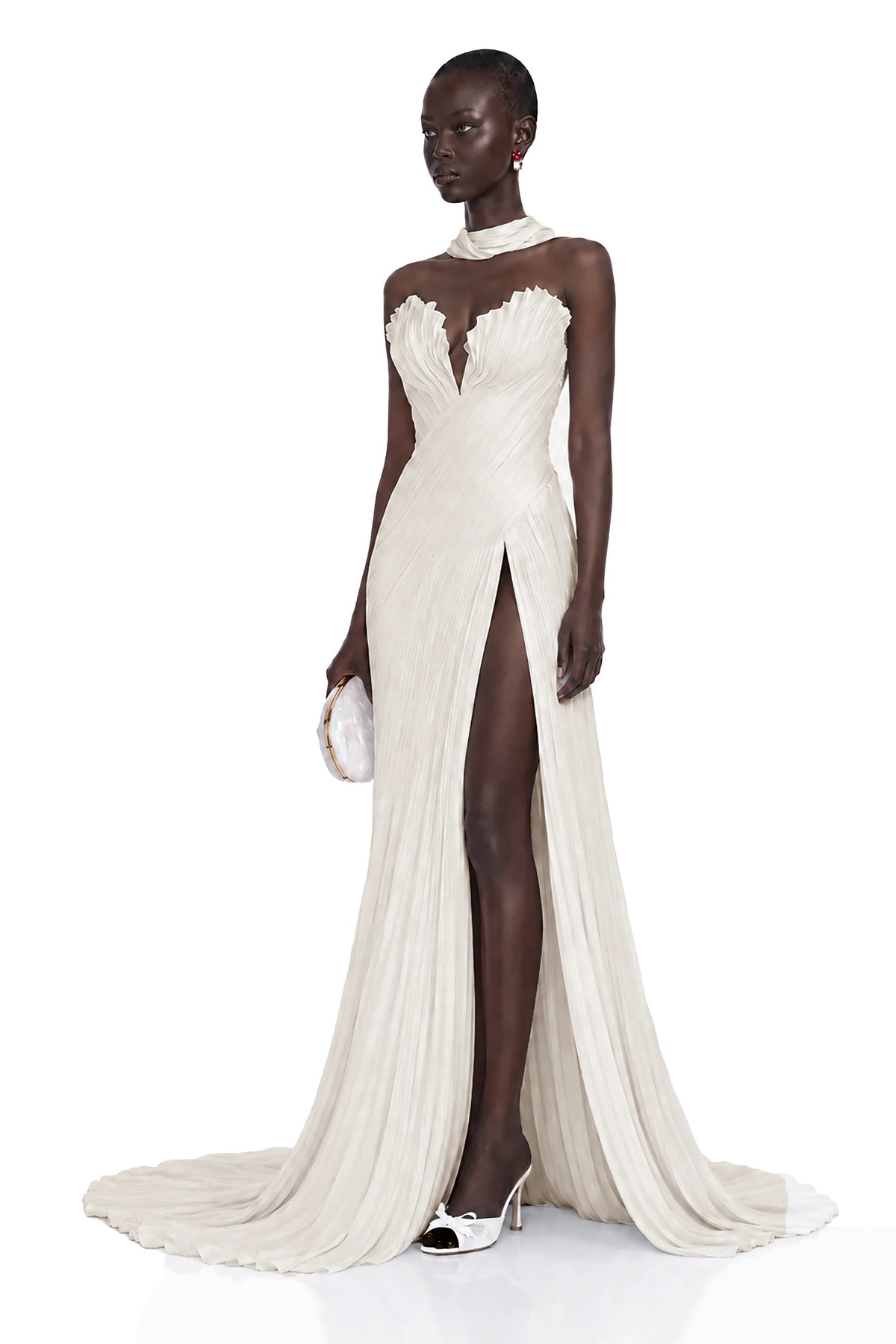 Solveig White Off Shoulder Pleated Maxi Dress with Hign Slit