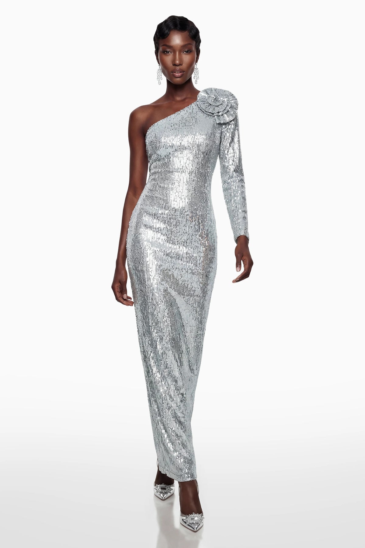 Sophia Silver Sequin Corset Maxi Dress with 3D Petals