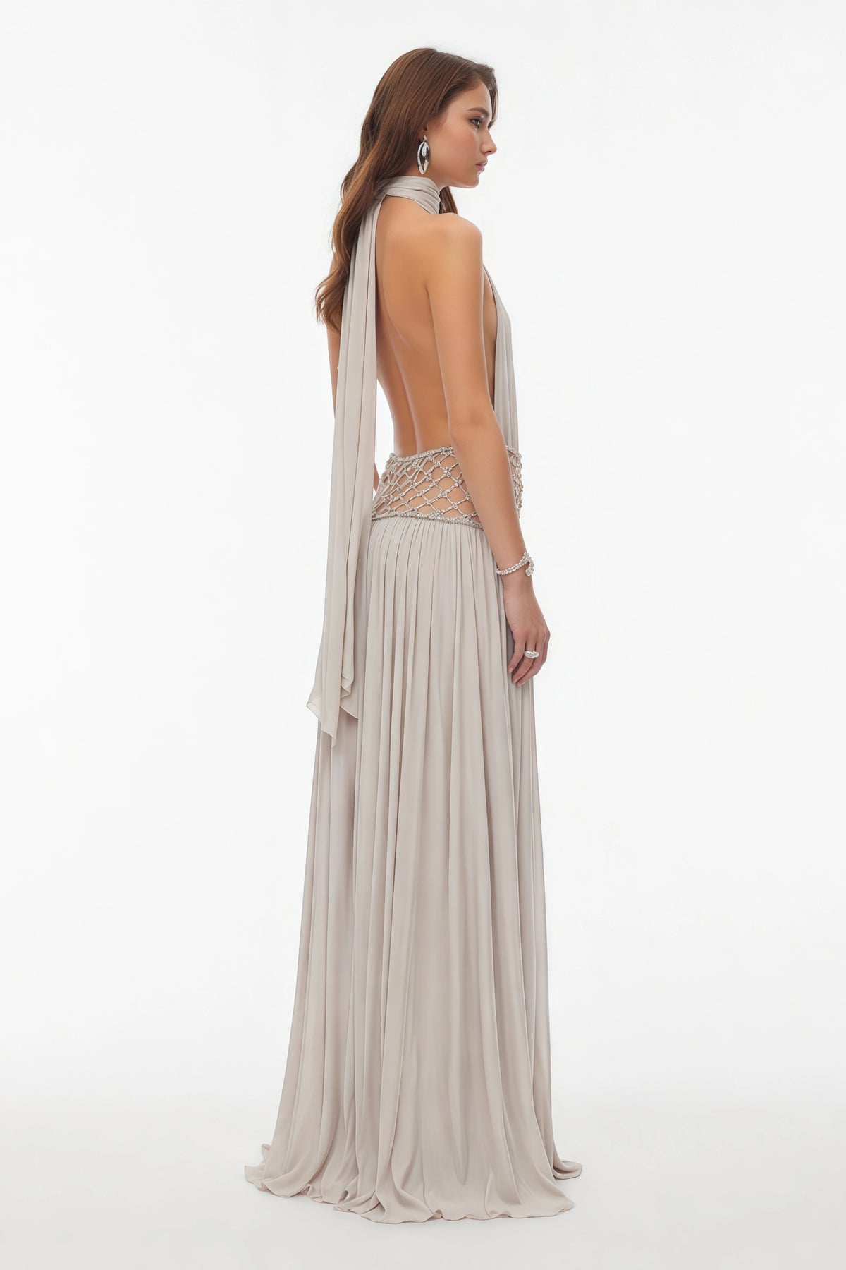 Sophie Almond Grey Embellished Ruched Maxi Dress