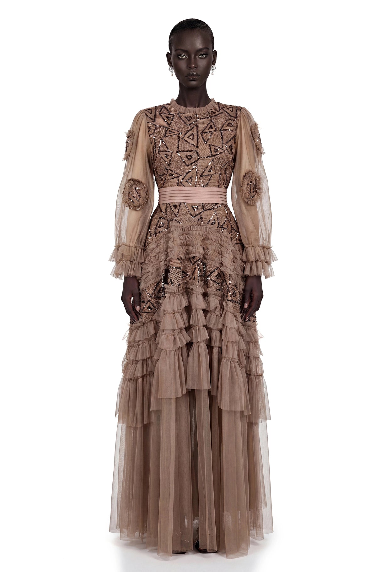Sophie Chocolate Brown Crochet Knit Ruffled Maxi Dress