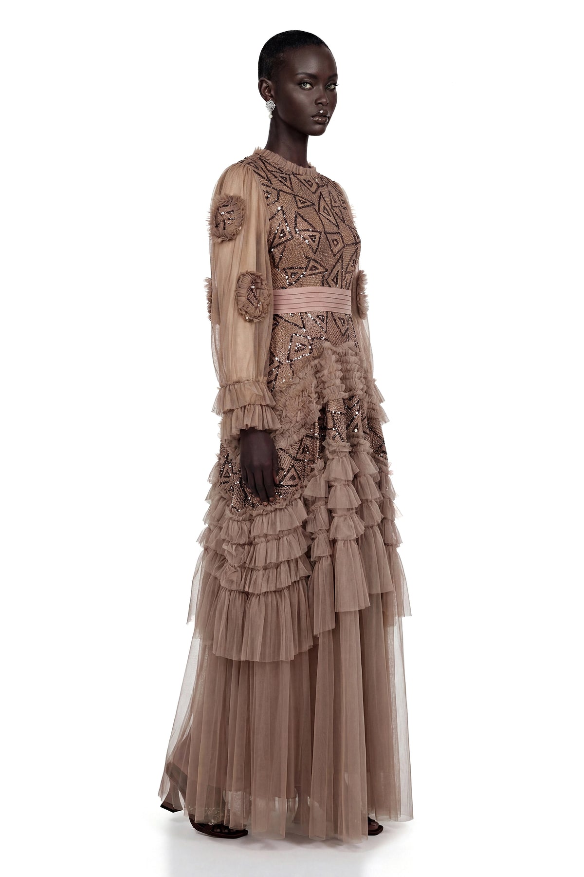 Sophie Chocolate Brown Crochet Knit Ruffled Maxi Dress