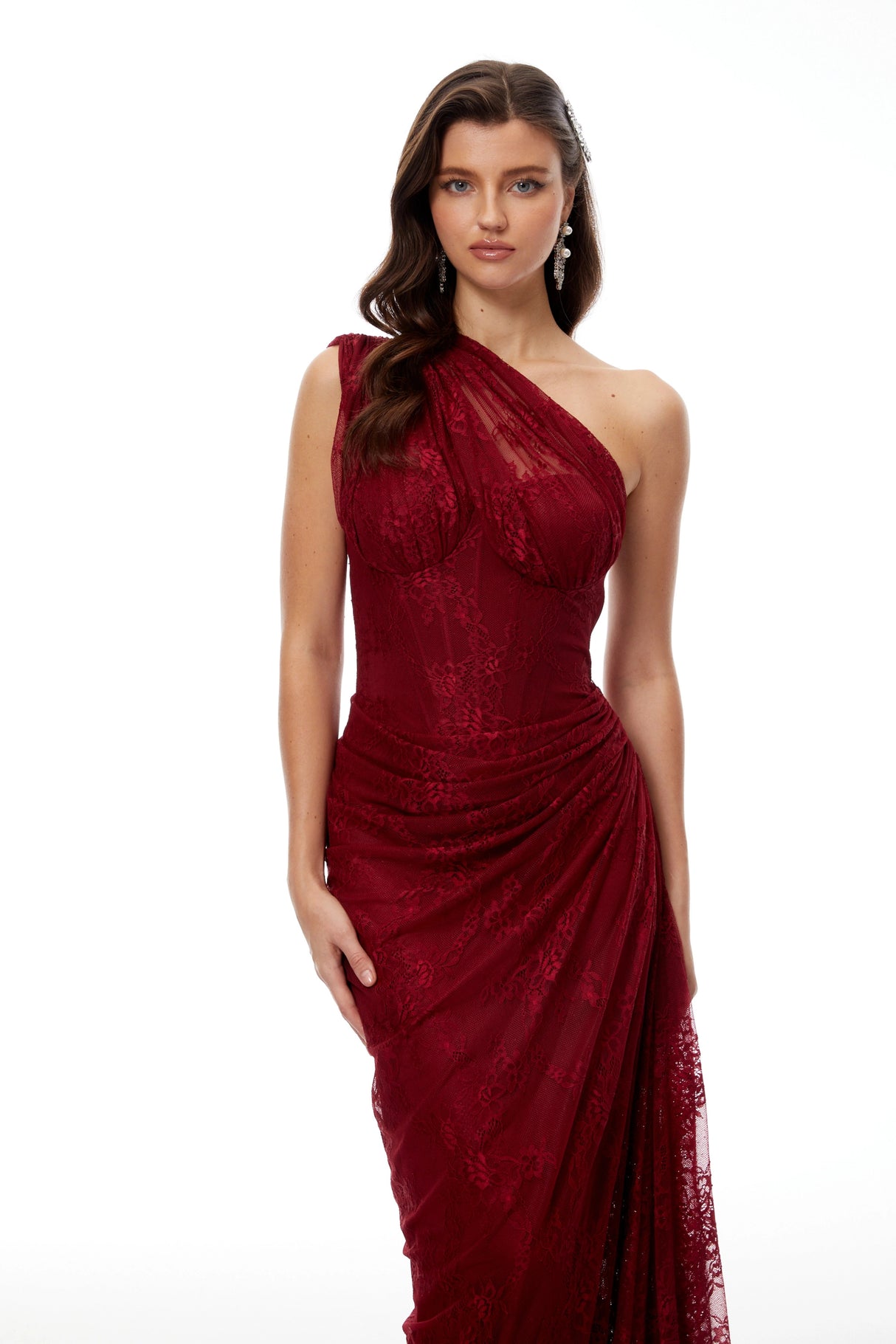 Stefania Ruby Red Floral Lace Maxi Gown