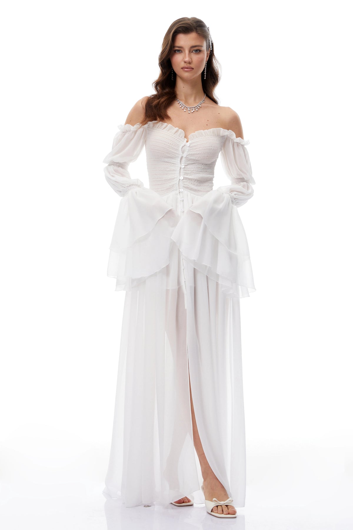 Stefania White Smocked Shirred Chiffon Maxi Dress