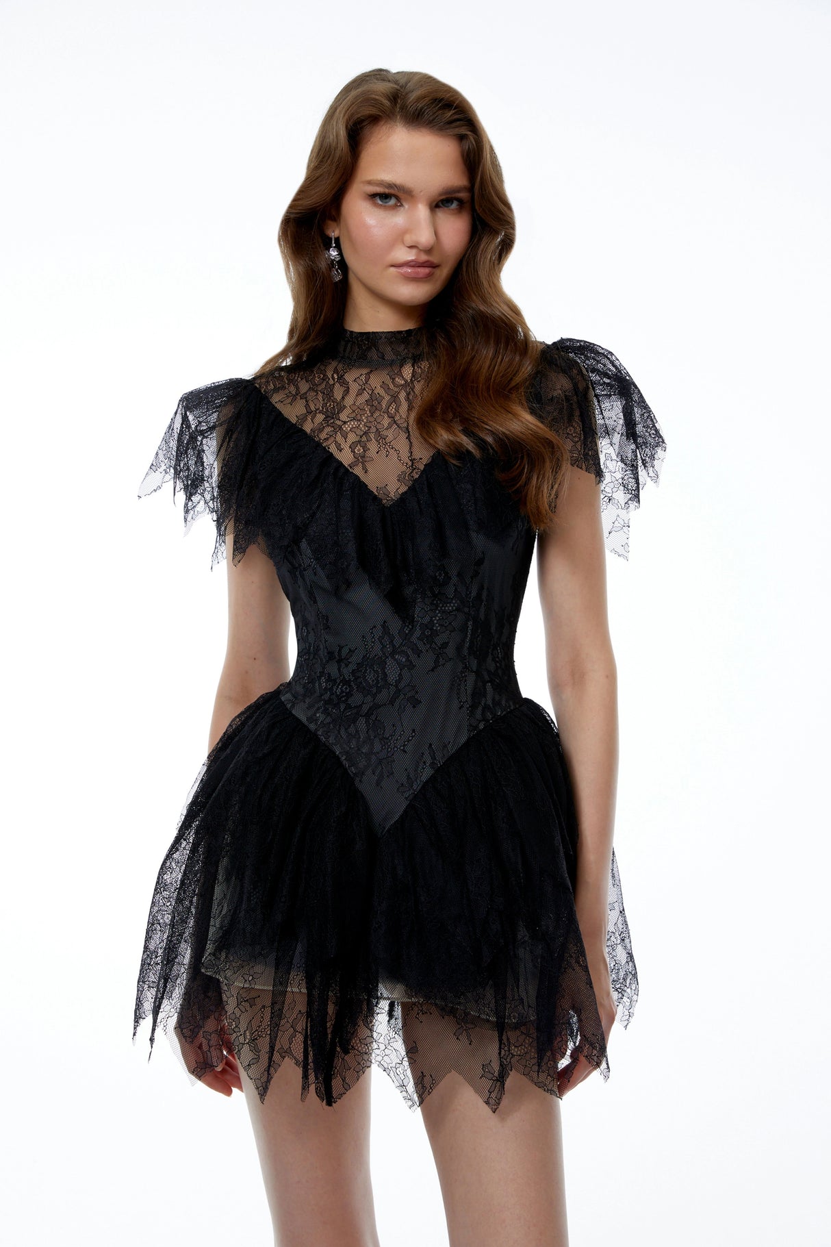 Sterre Black Lace Ruffled Mini Dress