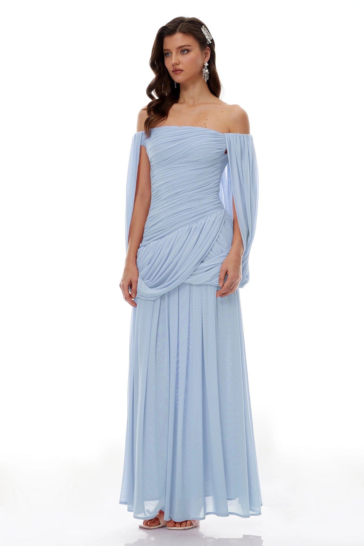 Suné Blue Cross Front Ruched Maxi Dress