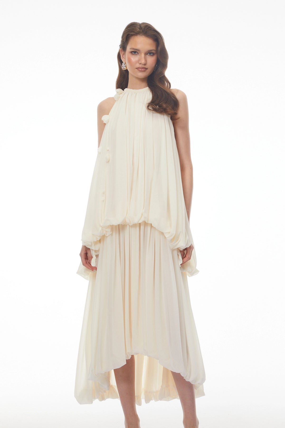 Svetlana White Halterneck Ruched Maxi Dress with 3D Florals