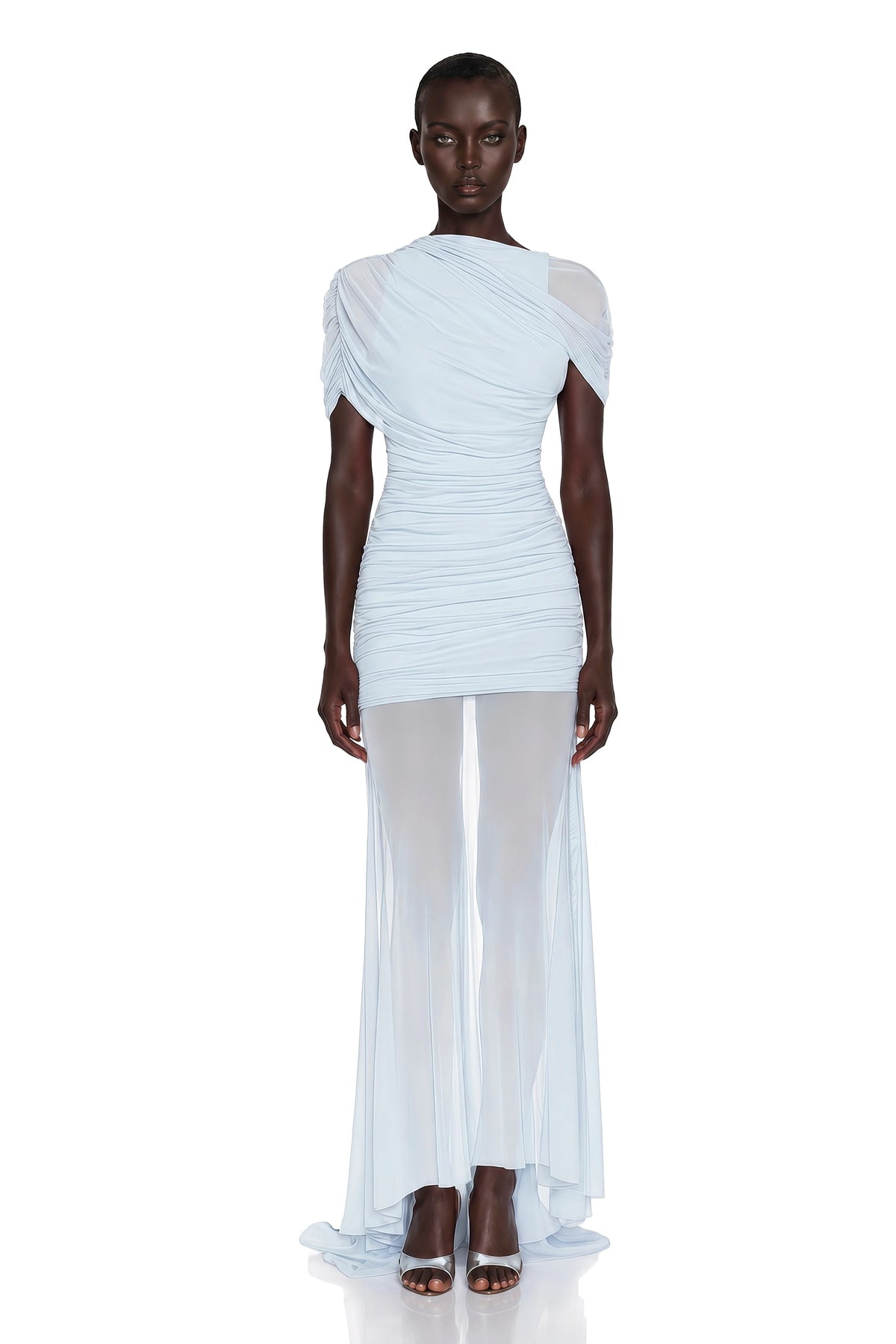 Sylphe Blue Asymmetrical Ruched Mesh Maxi Dress