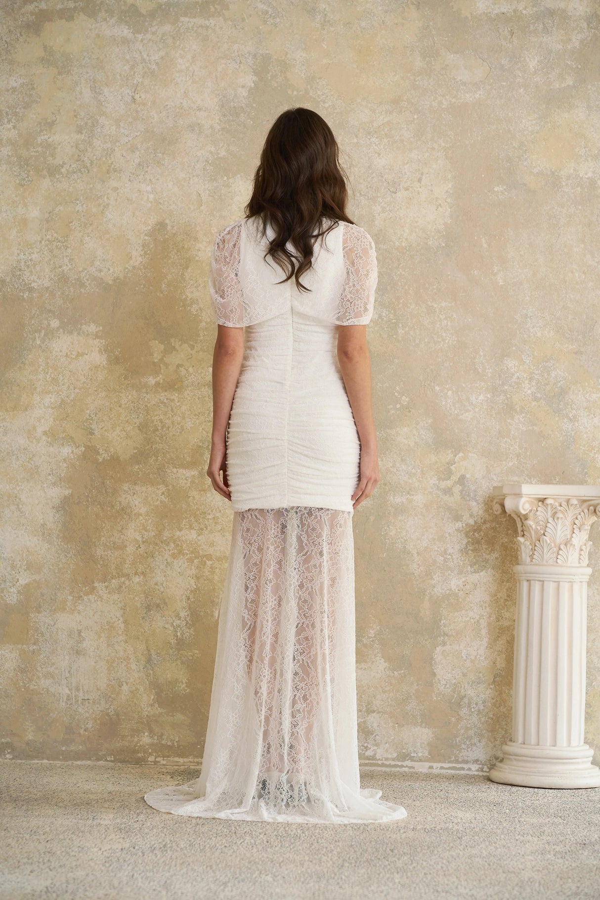 Sylphe White Asymmetrical Ruched Lace Maxi Dress