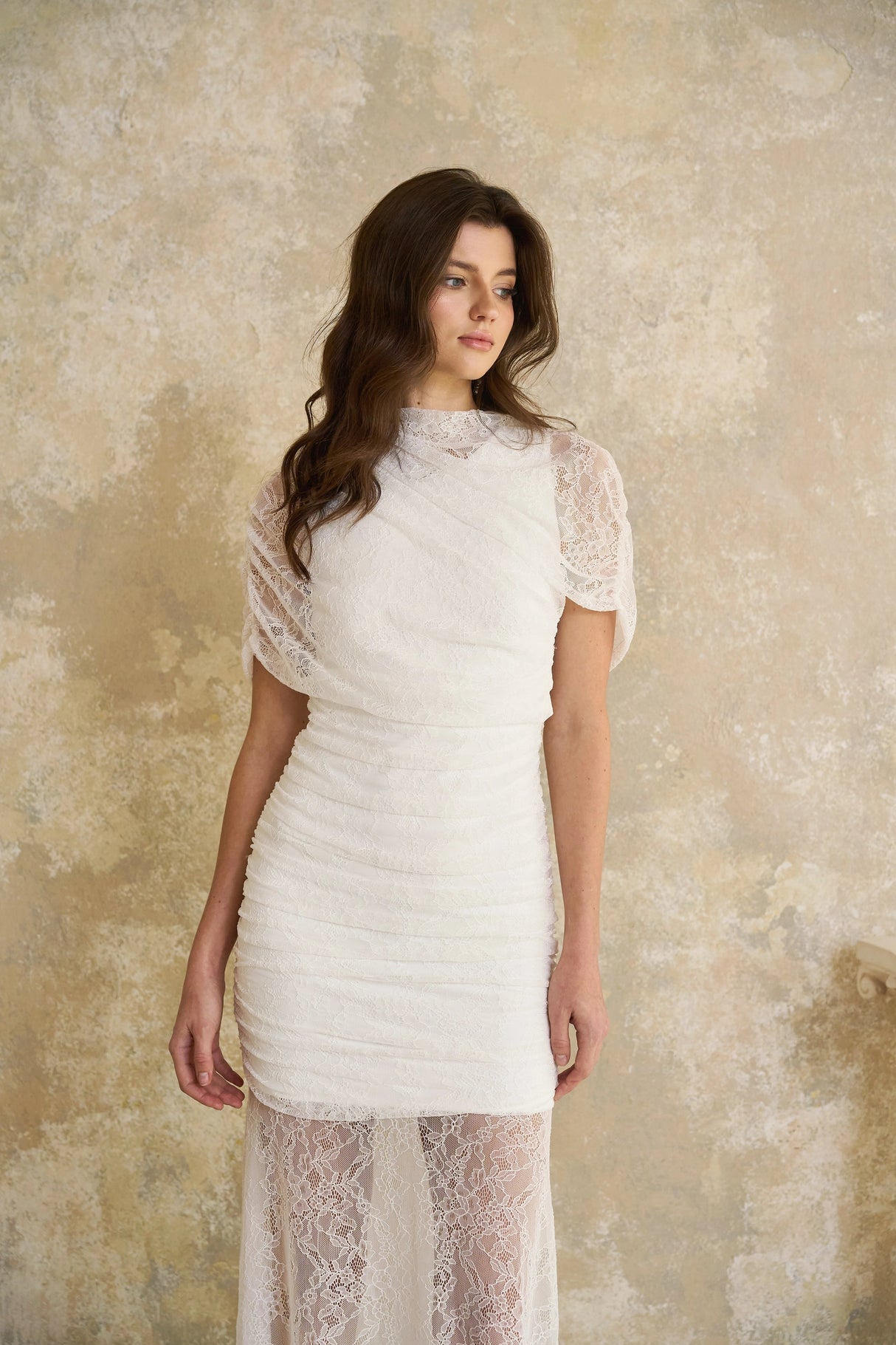 Sylphe White Asymmetrical Ruched Lace Maxi Dress