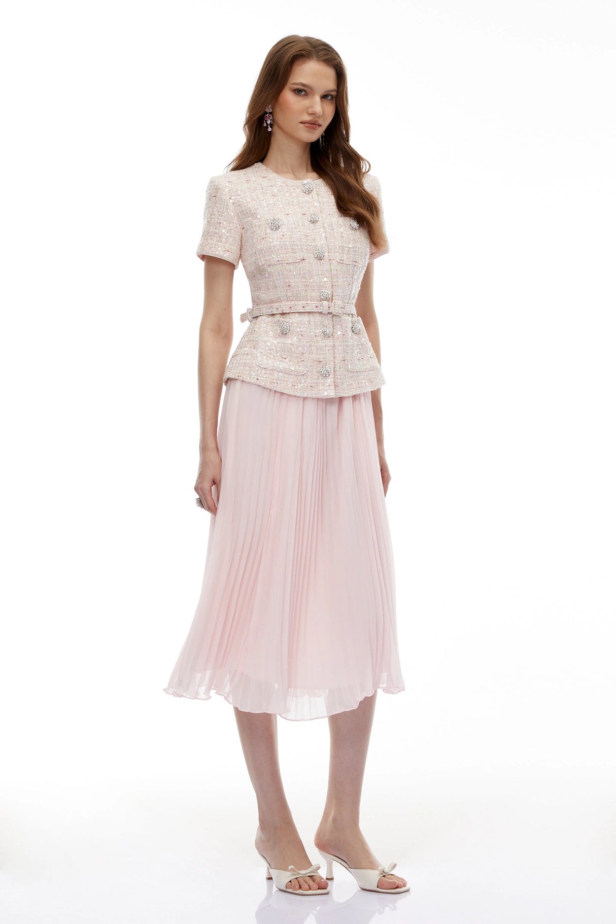 Tahmineh Pink Tweed Pleated Midi Dress