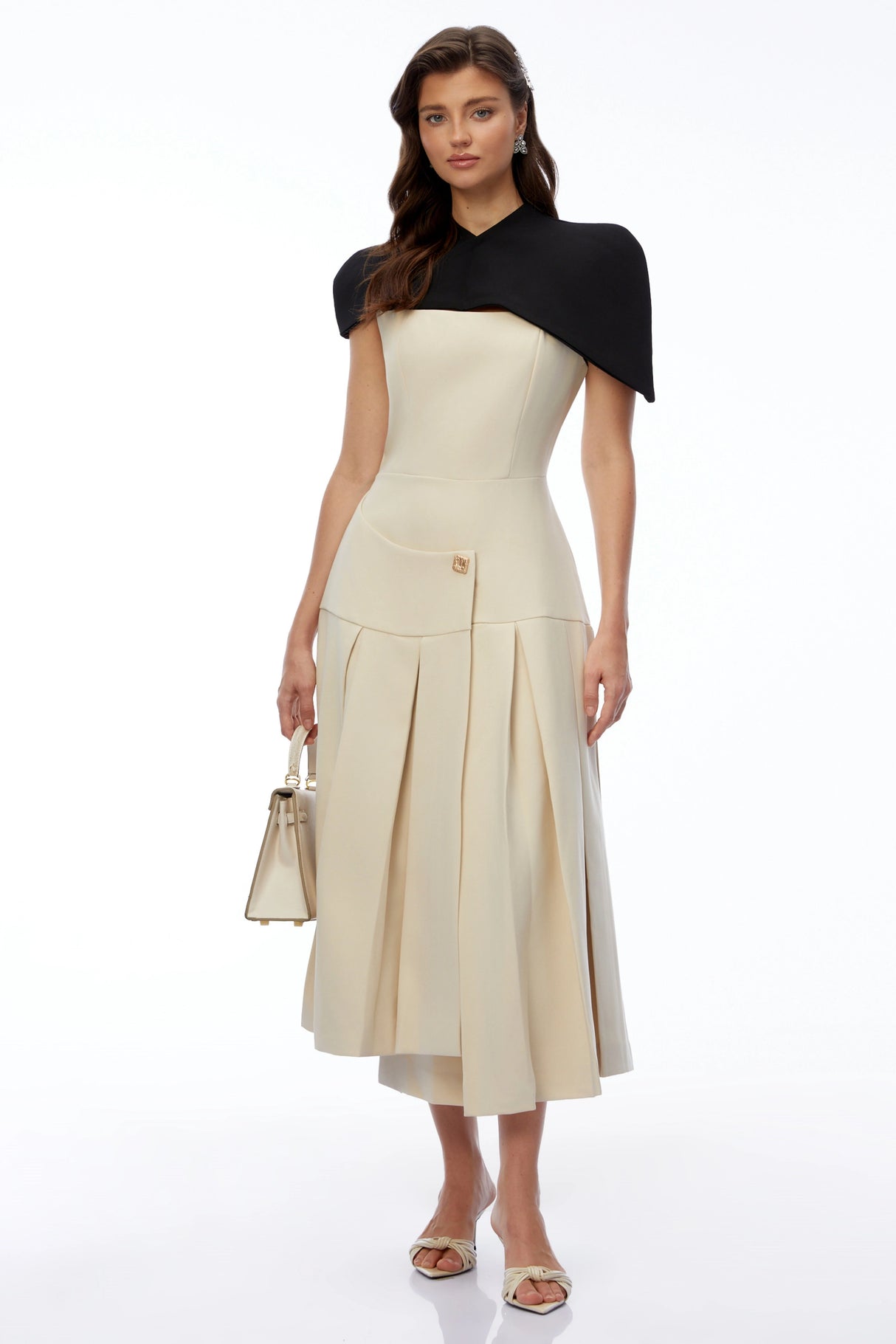 Tangaroa Khaki Cape Pleated Asymmetrical Maxi Dress