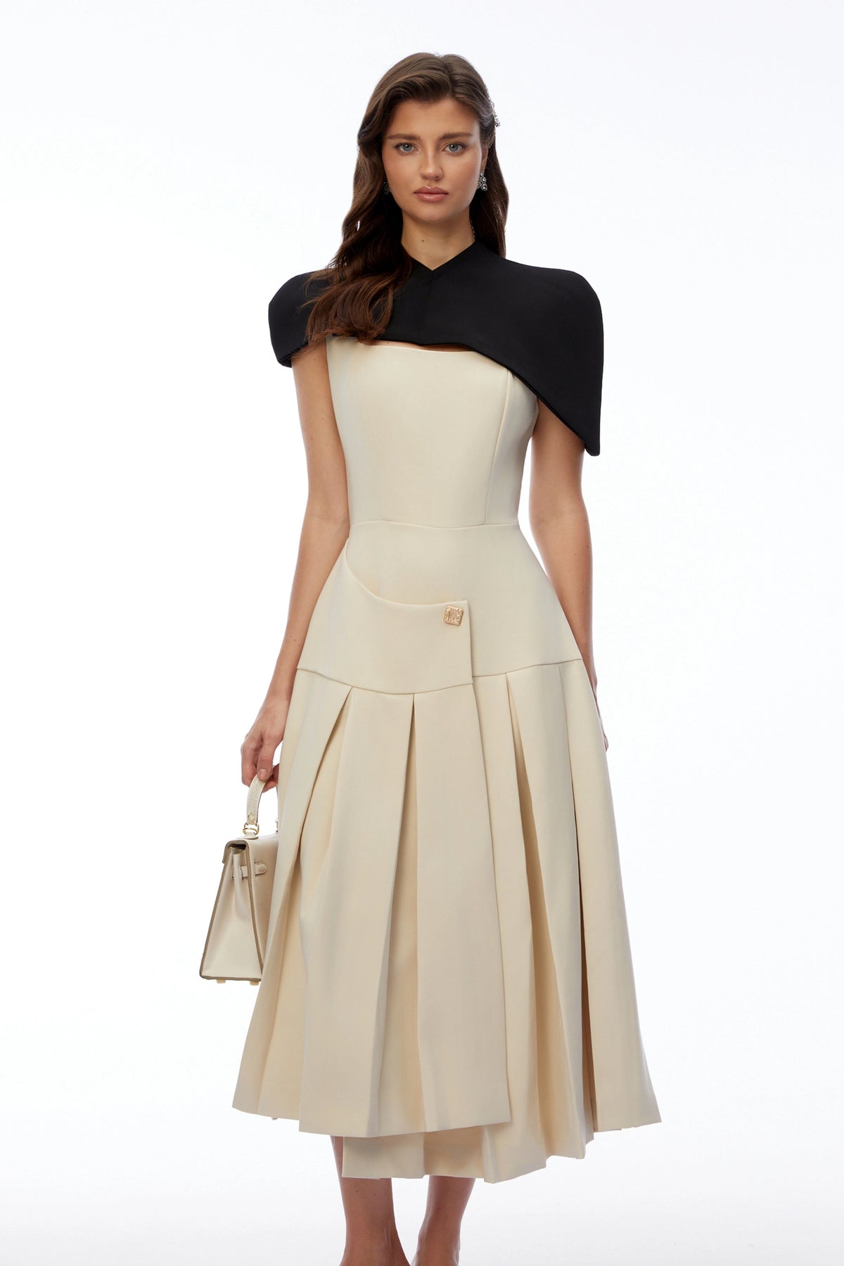 Tangaroa Khaki Cape Pleated Asymmetrical Maxi Dress