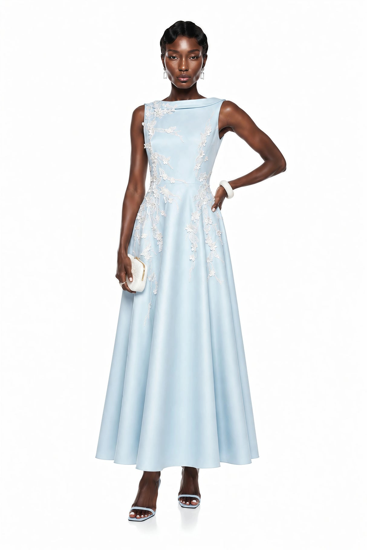 Tatiana Ice Blue Sleeveless Maxi Dress with 3D Florals
