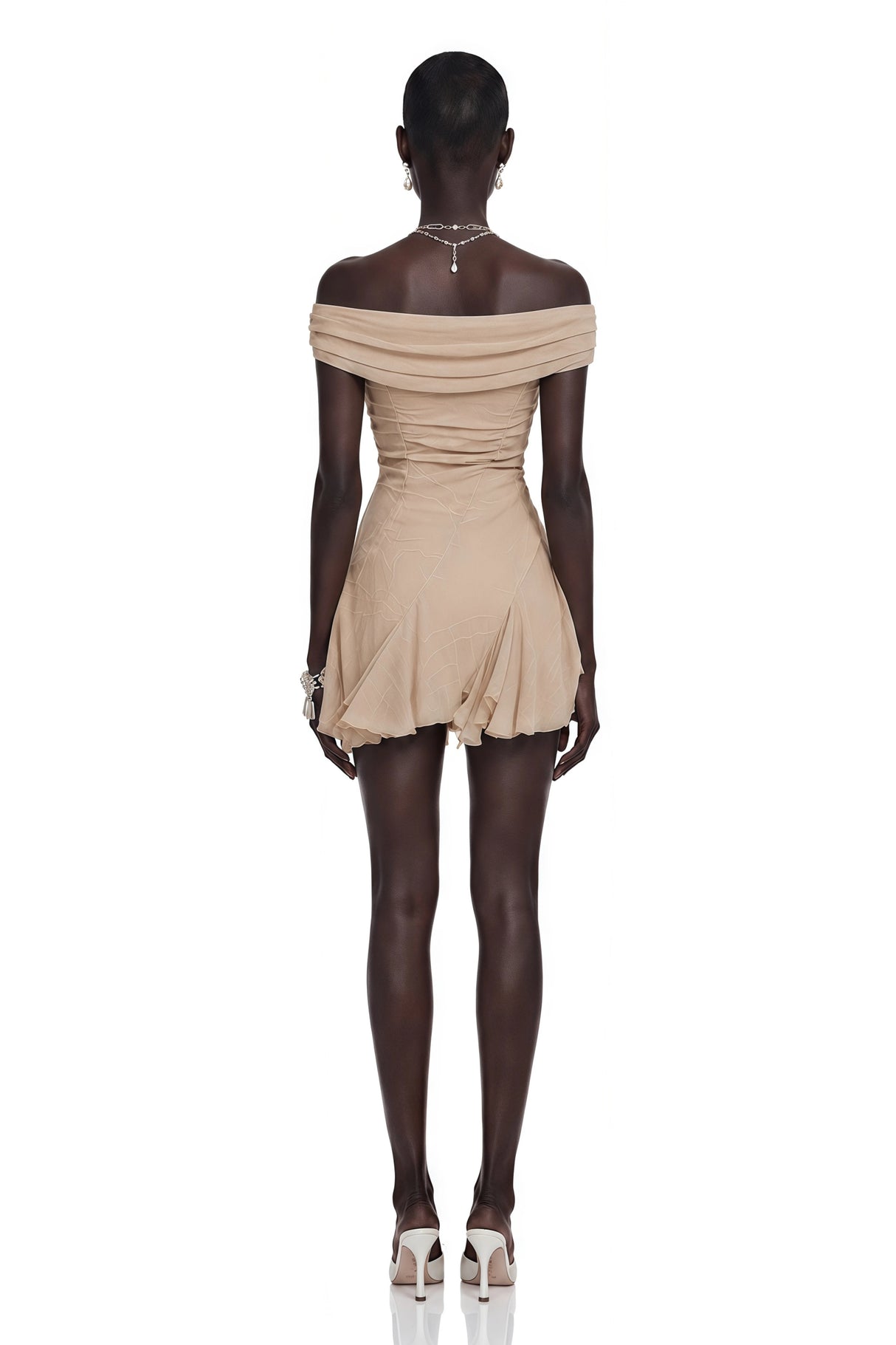 Tatiana Neutral Mesh Ruffled Mini Dress