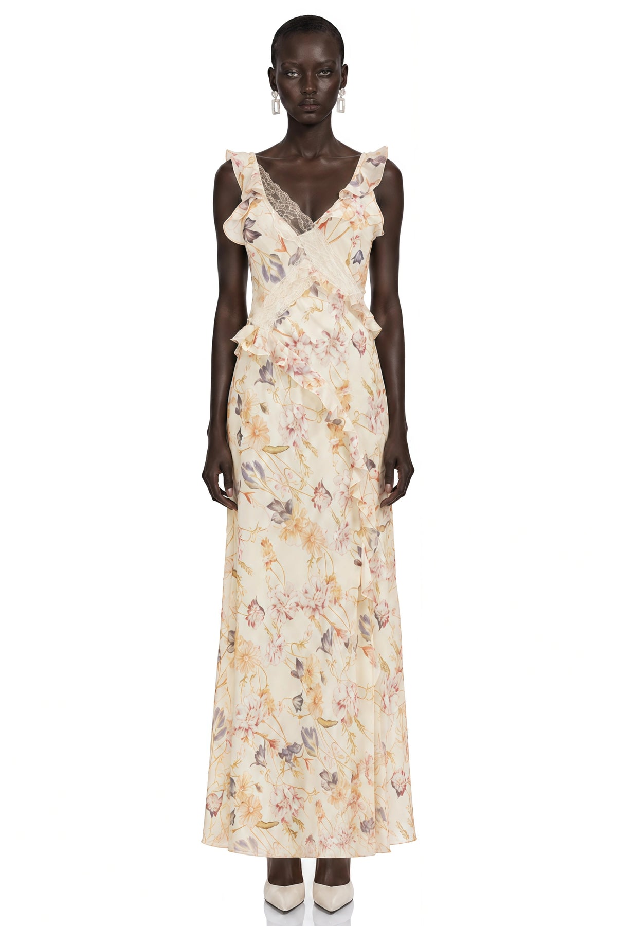Teresa Cream Floral Print Midi Dress with Lace Panels