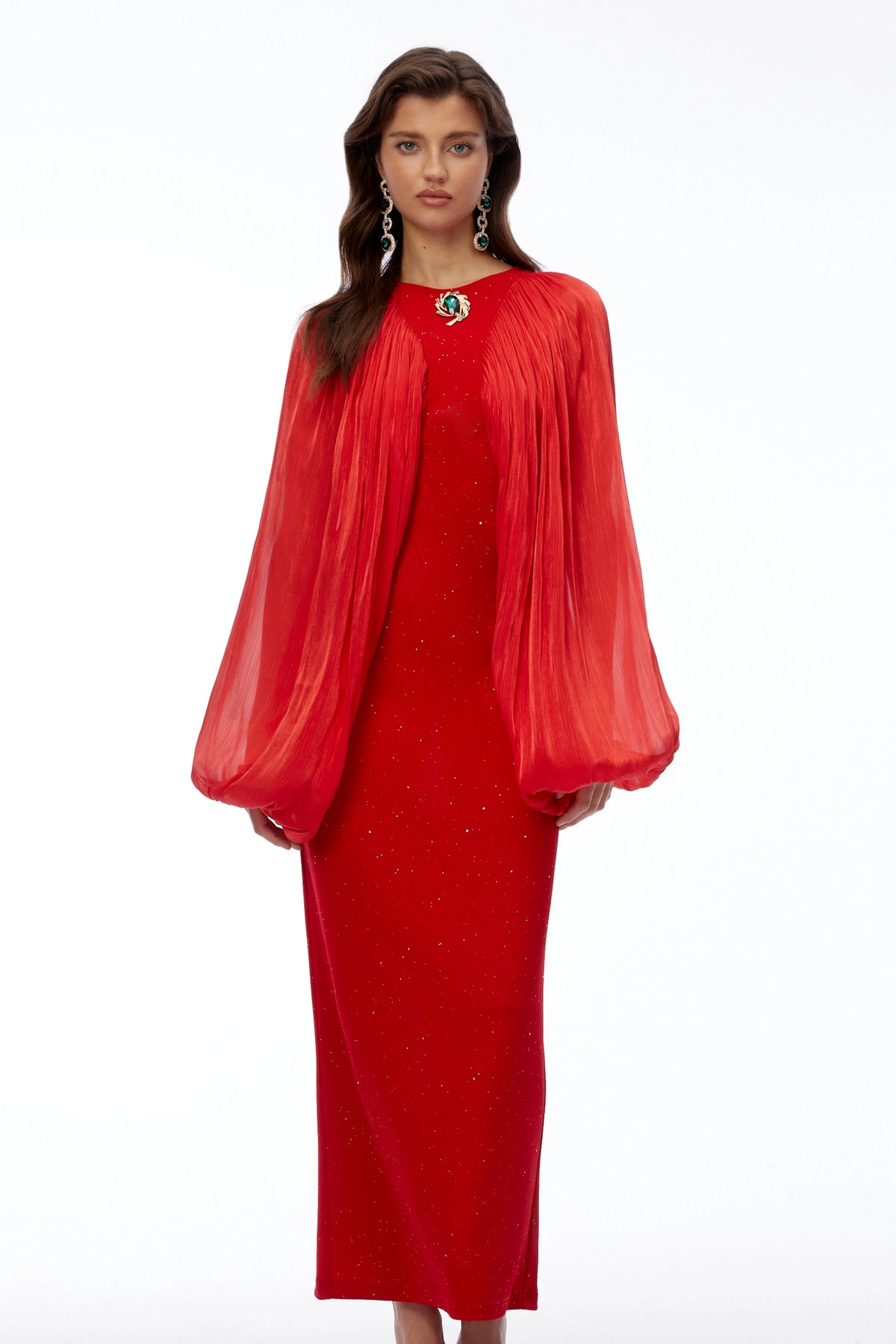 Tessa Red Ruched Maxi Dress with Ballon Sleeves