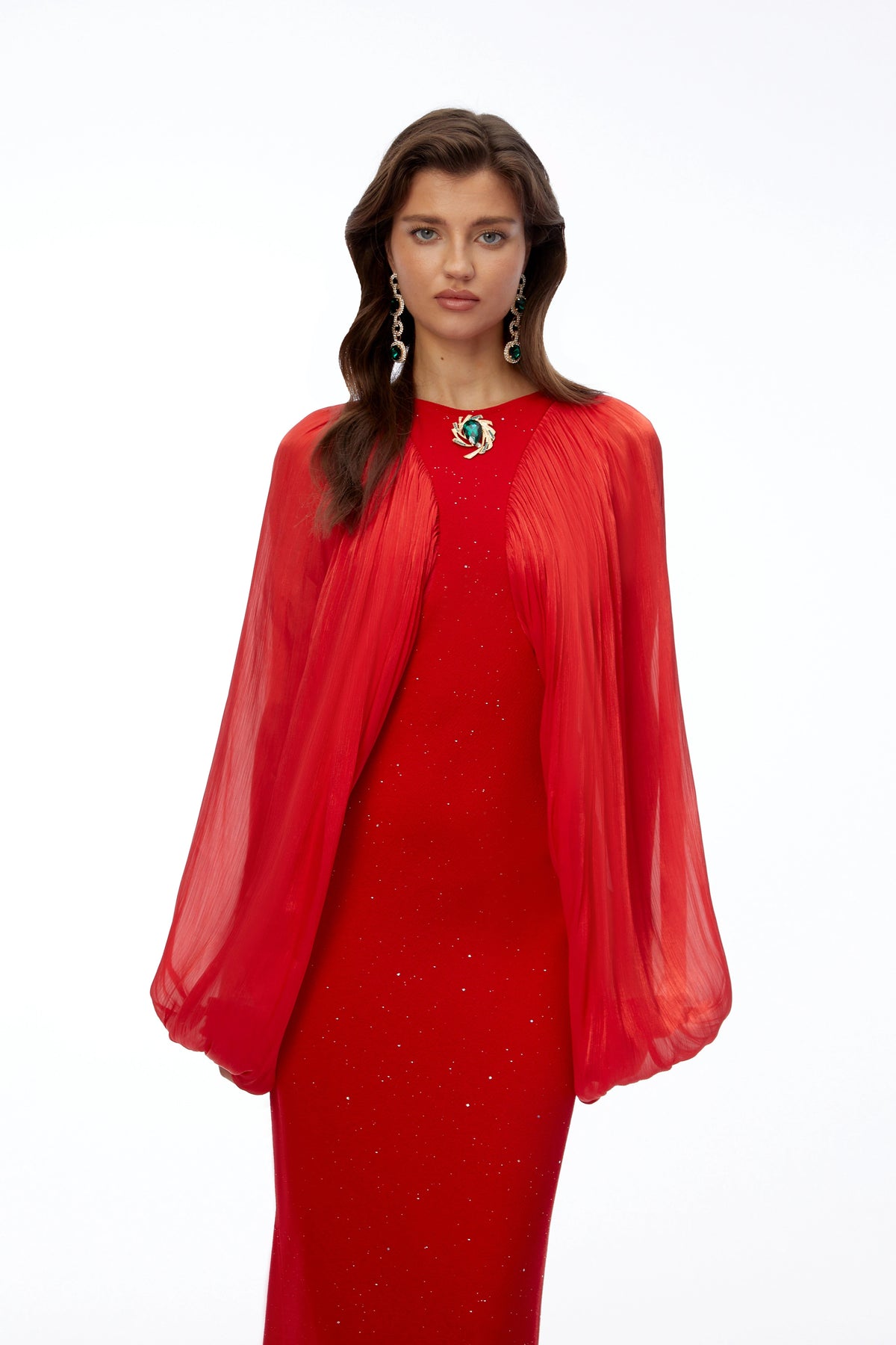 Tessa Red Ruched Maxi Dress with Ballon Sleeves