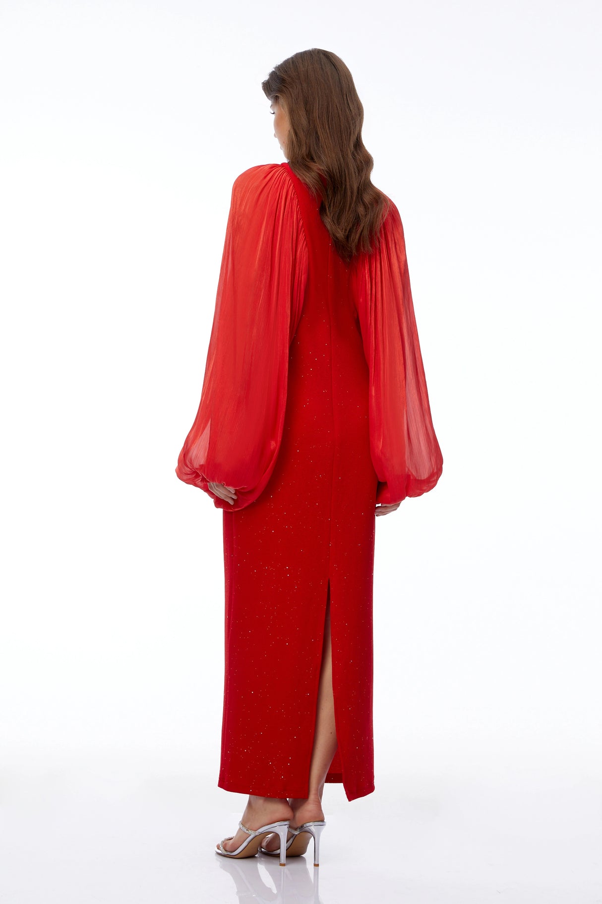 Tessa Red Ruched Maxi Dress with Ballon Sleeves