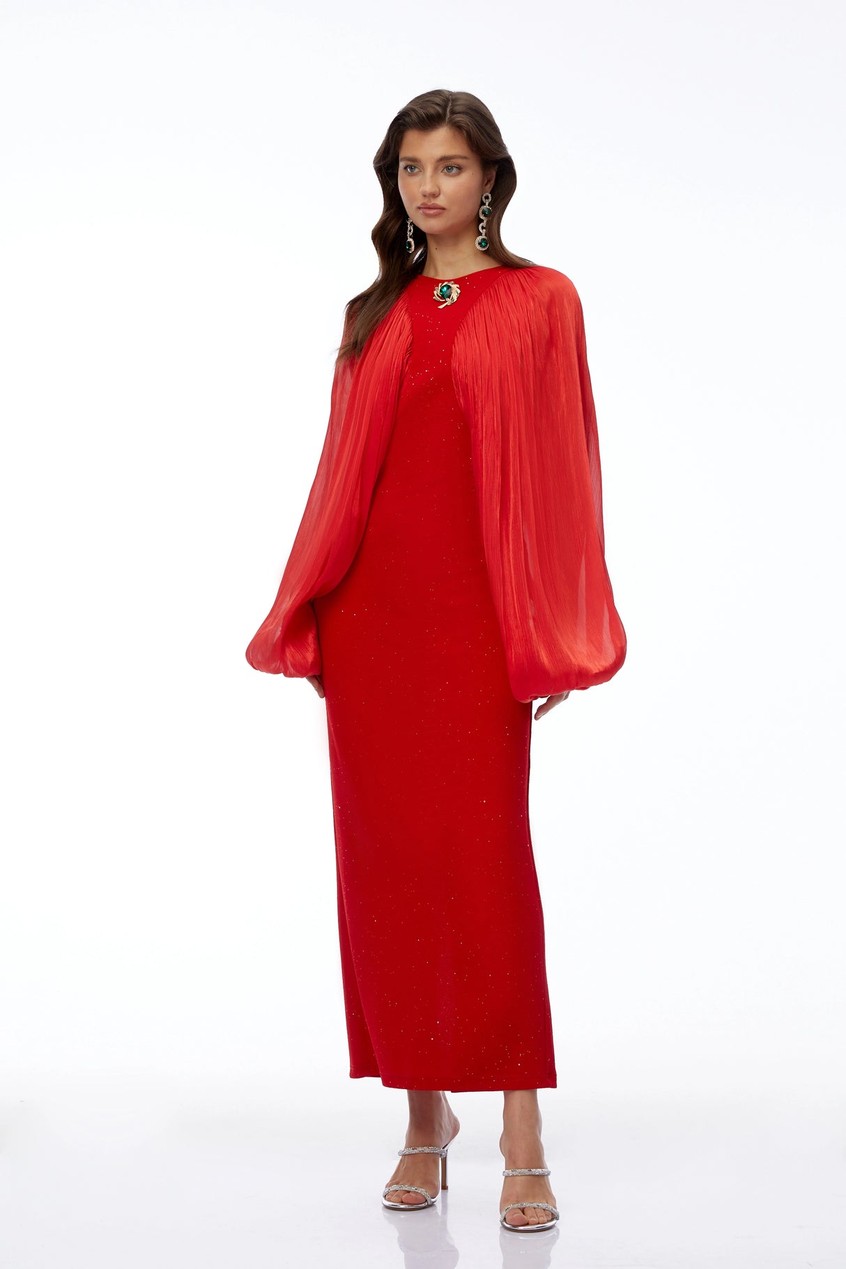 Tessa Red Ruched Maxi Dress with Ballon Sleeves