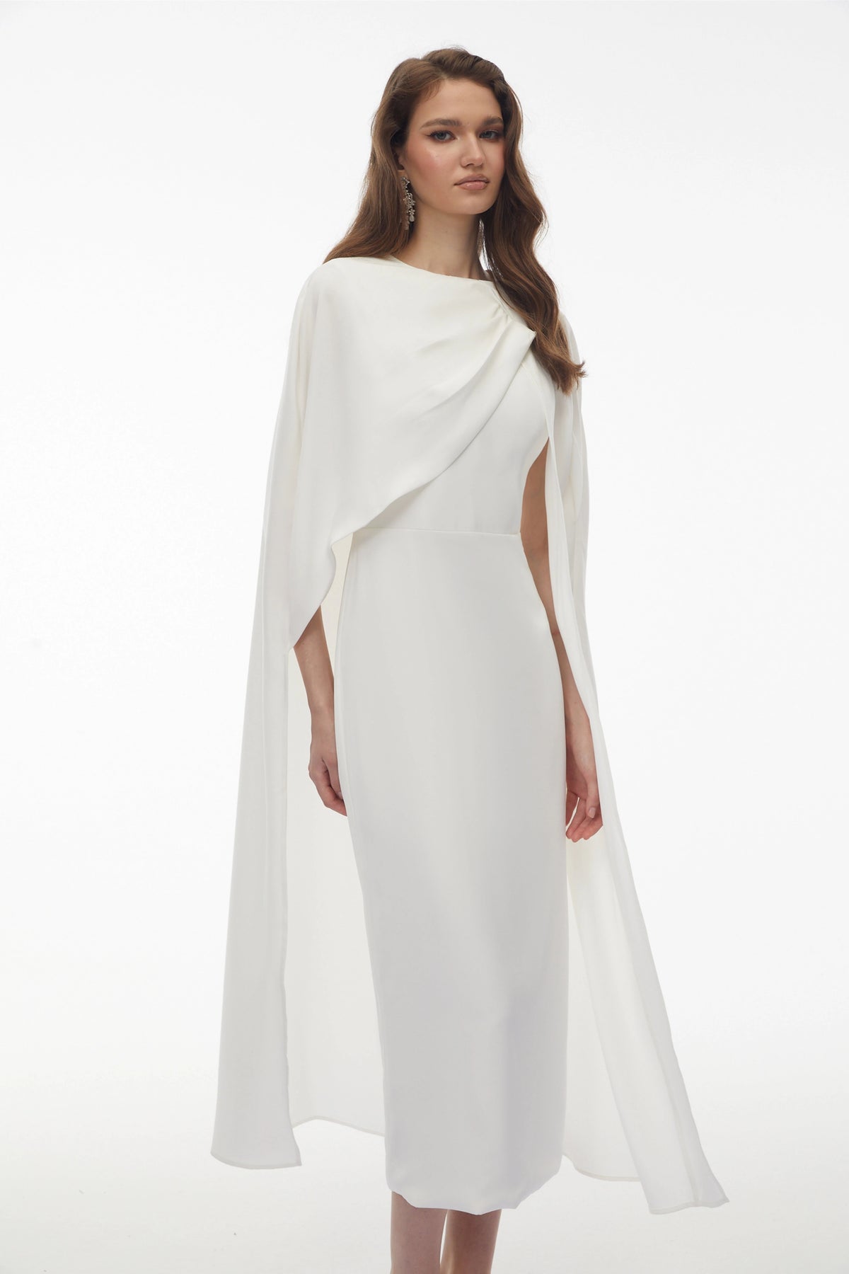 Tetyana White Cape Asymmetrical Midi Dress
