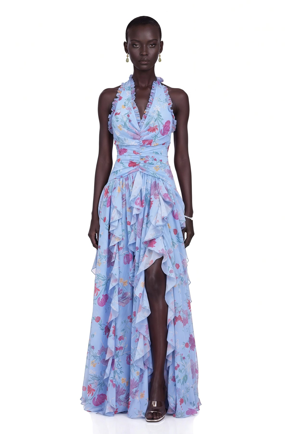 Thaïs Blue Ruffled Floral Print Maxi Dress