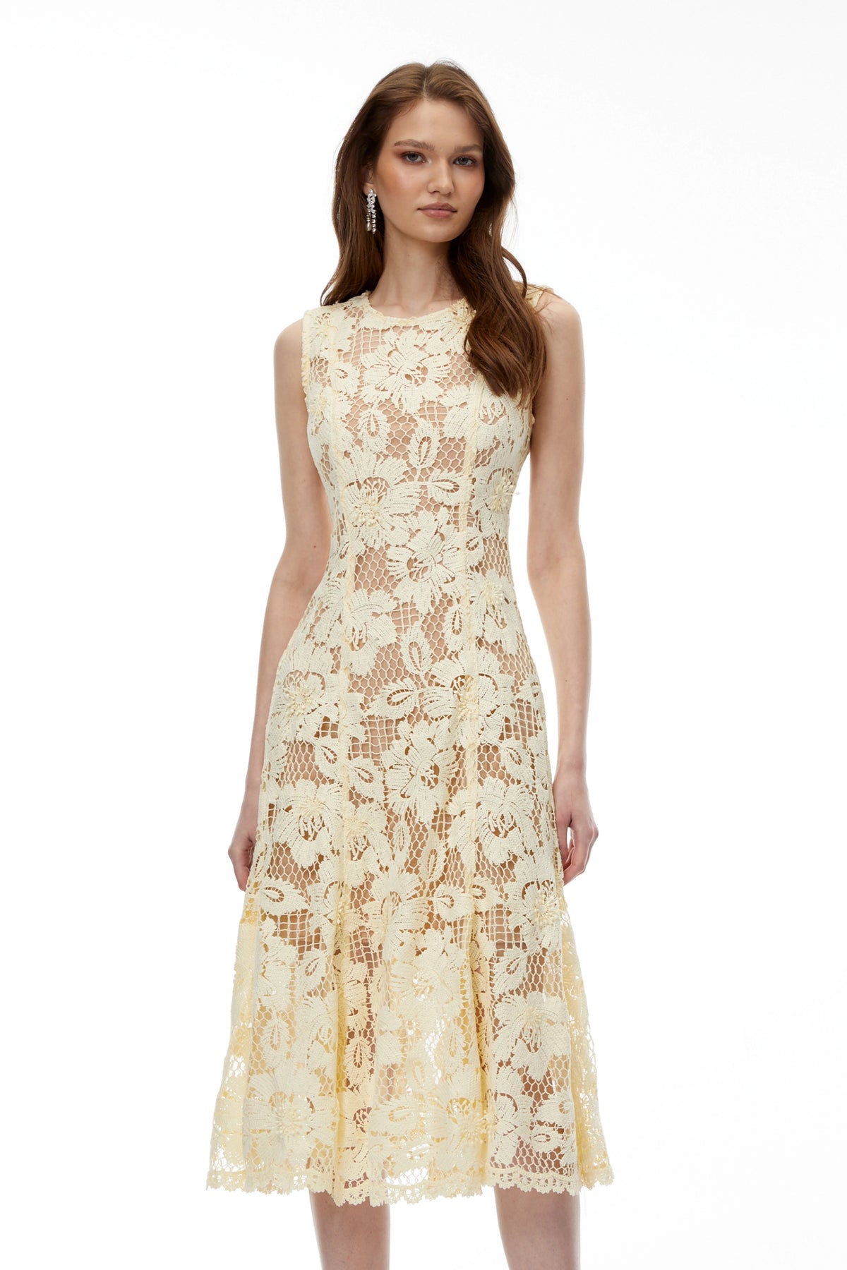 Thalassa Yellow Floral Lace Sleeveless Midi Dress