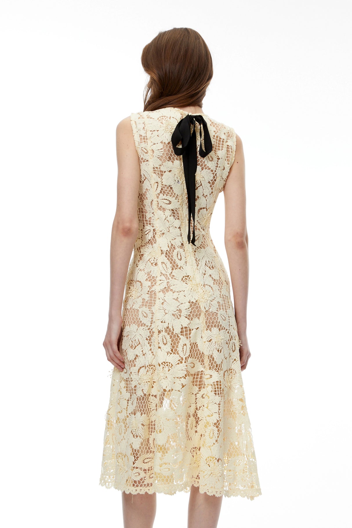 Thalassa Yellow Floral Lace Sleeveless Midi Dress