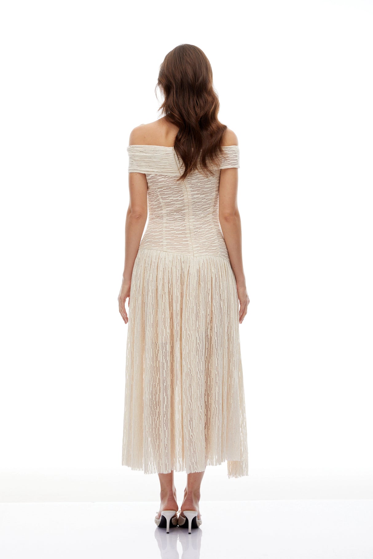 Thale Neutral Asymmetrical Textured Ruched Midi Dress