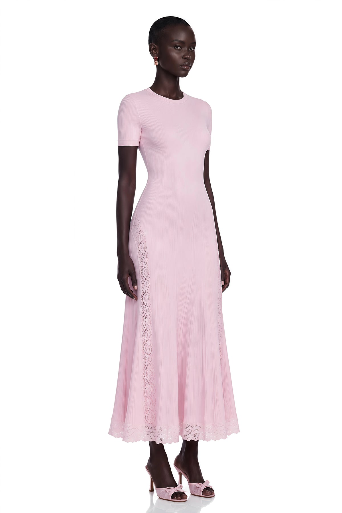 Thalya Pink Lace Trim Knit Midi Dress