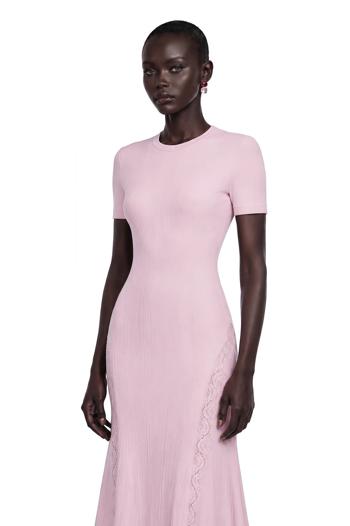 Thalya Pink Lace Trim Knit Midi Dress