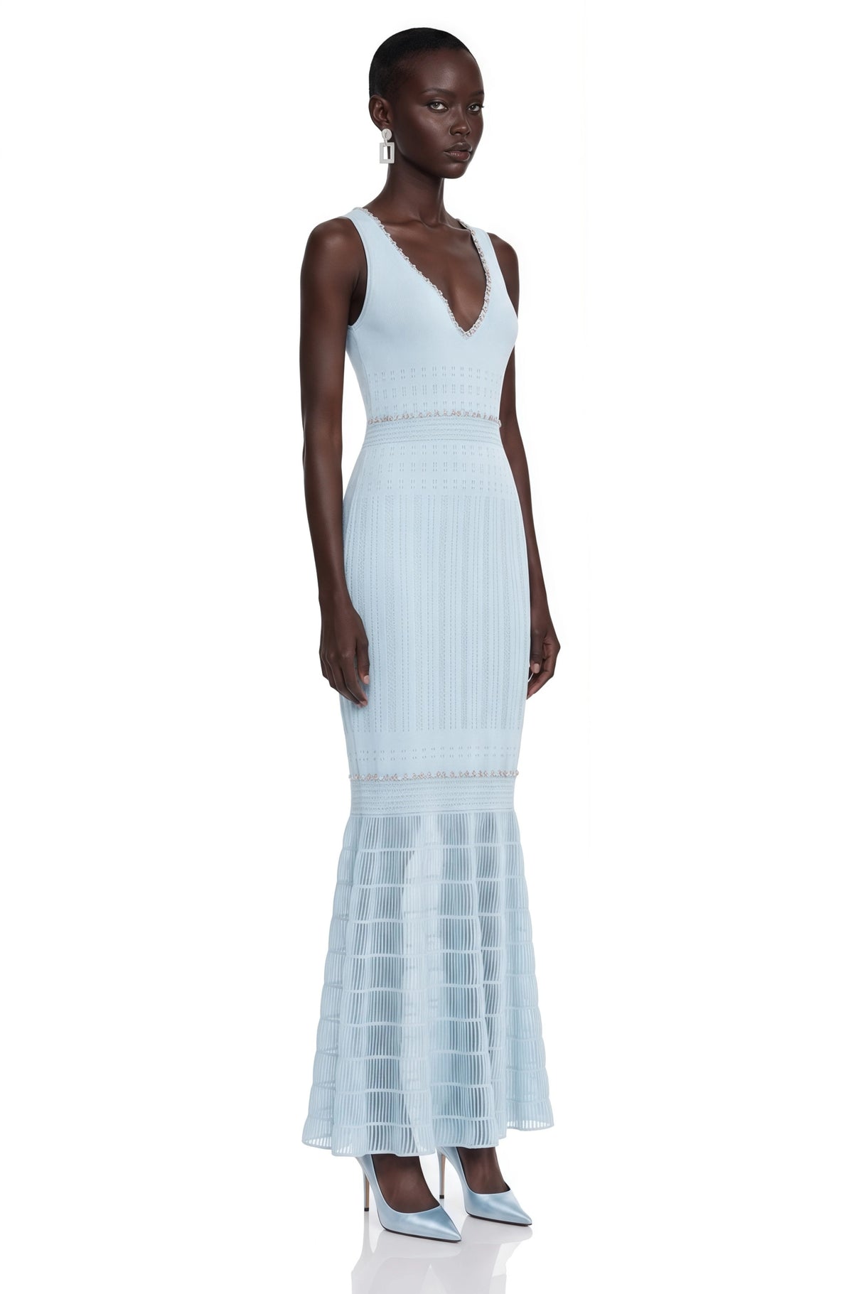 Théa Blue Embellished Mermaid Knit Maxi Dress