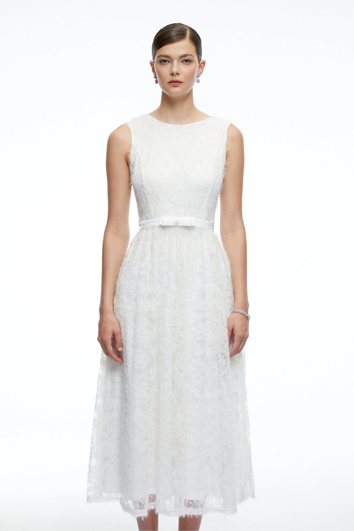 Thea White Textured Sleeveless Midi Dress with Fringe