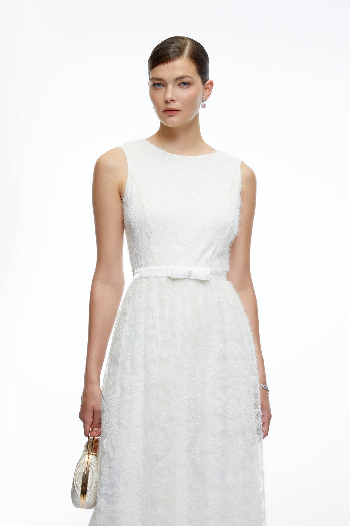 Thea White Textured Sleeveless Midi Dress with Fringe