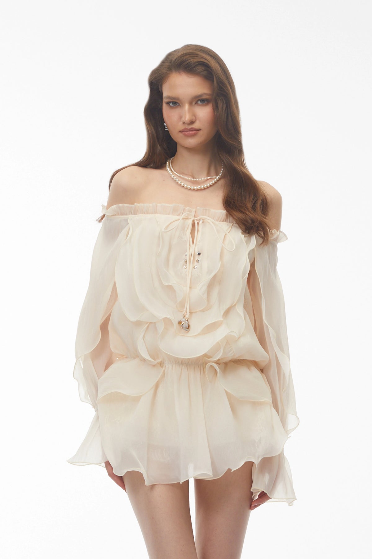 Theodor Cream Ruffled Mini Dress with Lantern Sleeves